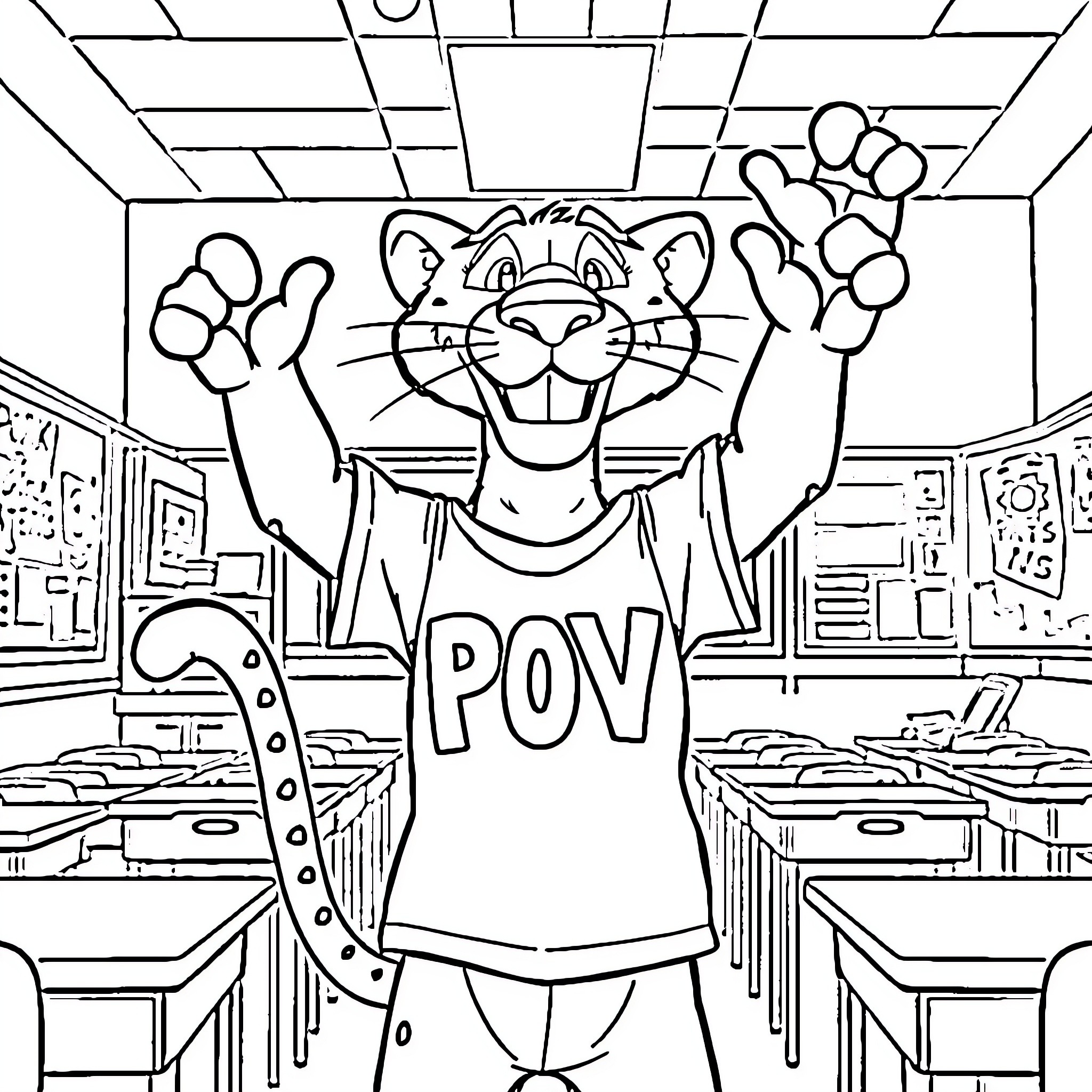 Panther Celebrating Enthusiastically in Classroom Coloring Page (free black-and-white line drawing printable PDF for all, from beginners to advanced learners, including children, teens, adults, and seniors)