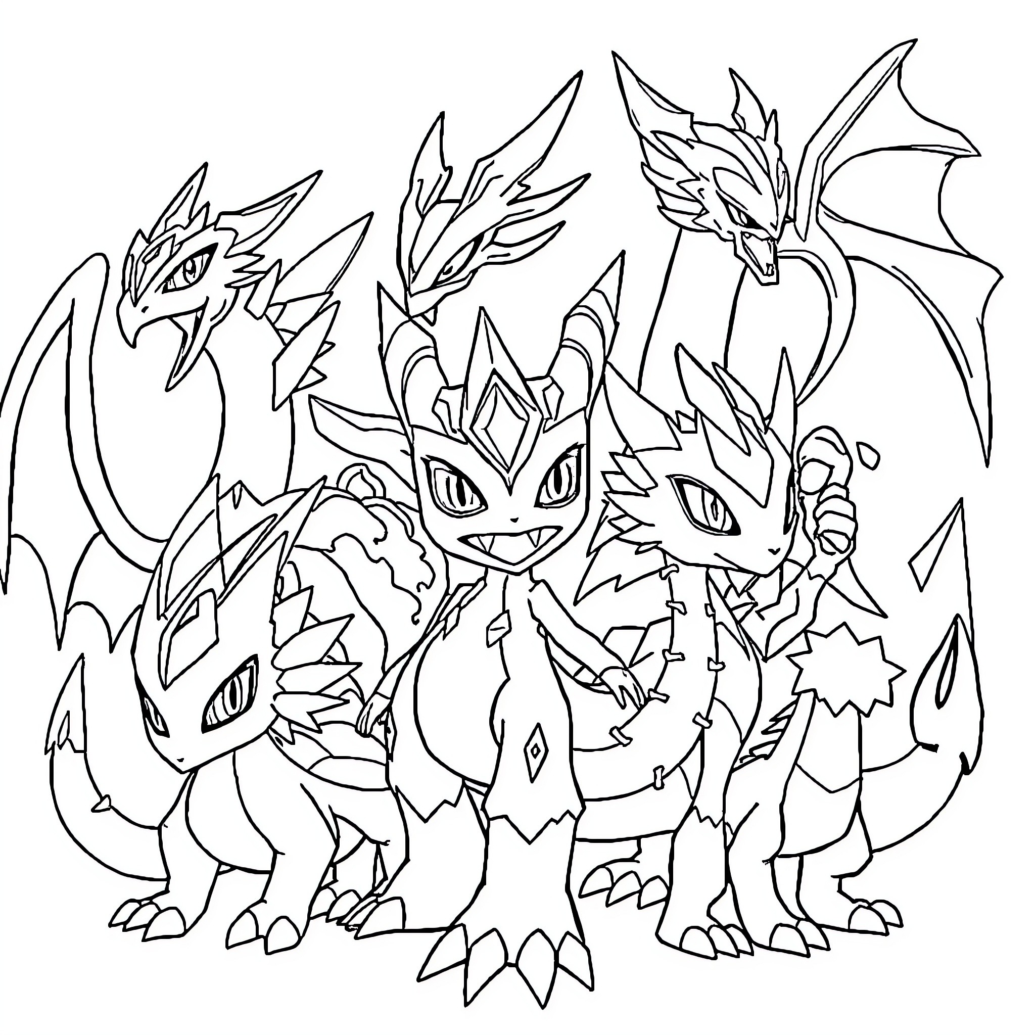 Digimon Monsters Unleash Fierce Expressions Coloring Page (free black-and-white line drawing printable PDF for all, from beginners to advanced learners, including children, teens, adults, and seniors)
