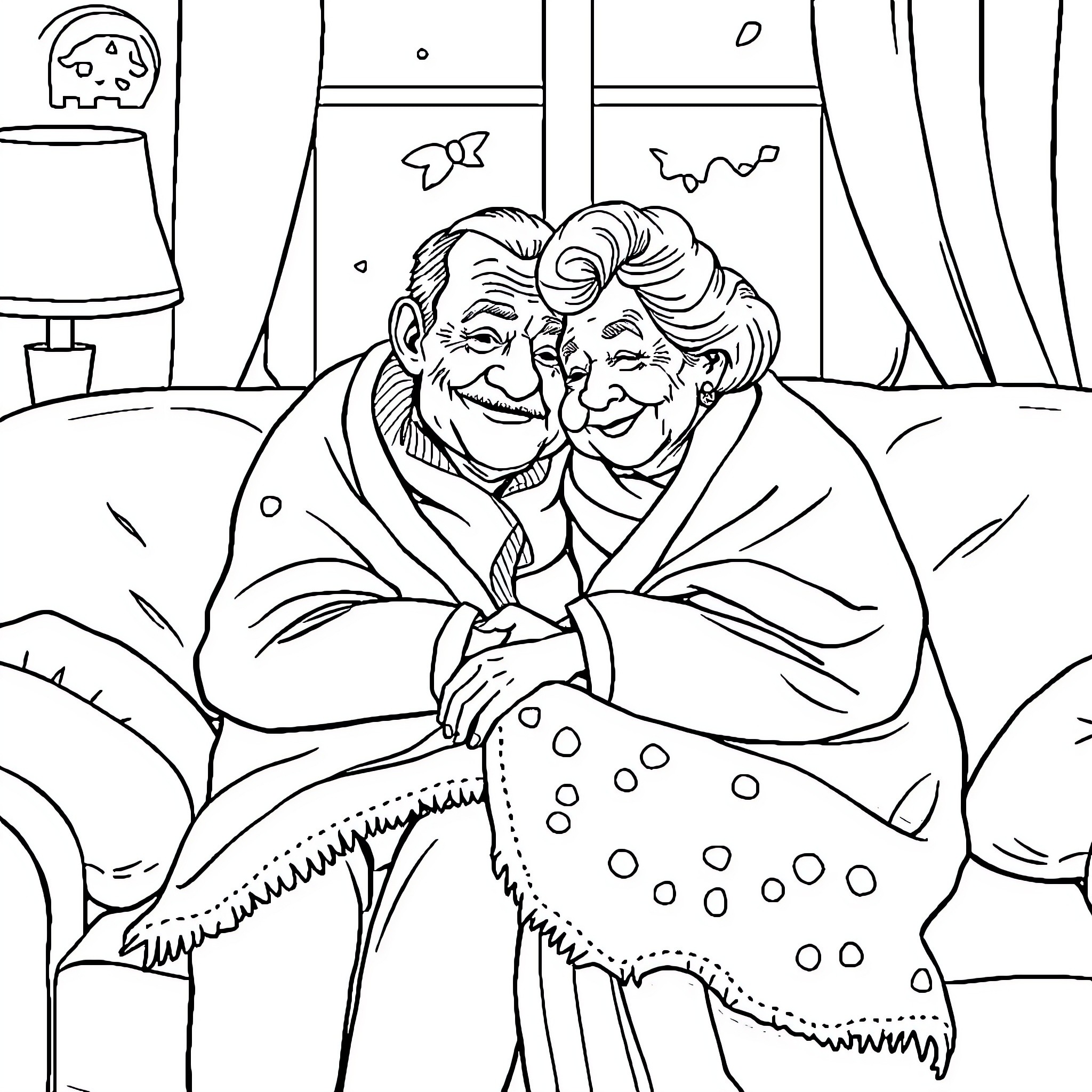 Couple sharing a loving moment in their home Coloring Page (free black-and-white line drawing printable PDF for all, from beginners to advanced learners, including children, teens, adults, and seniors)
