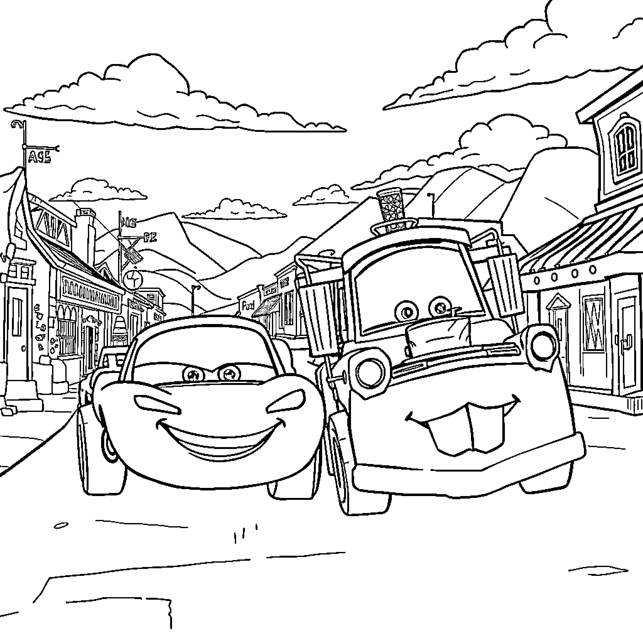 Lightning McQueen and Mater's Cartoon Adventure Coloring Page (free black-and-white line drawing printable PDF for all, from beginners to advanced learners, including children, teens, adults, and seniors)