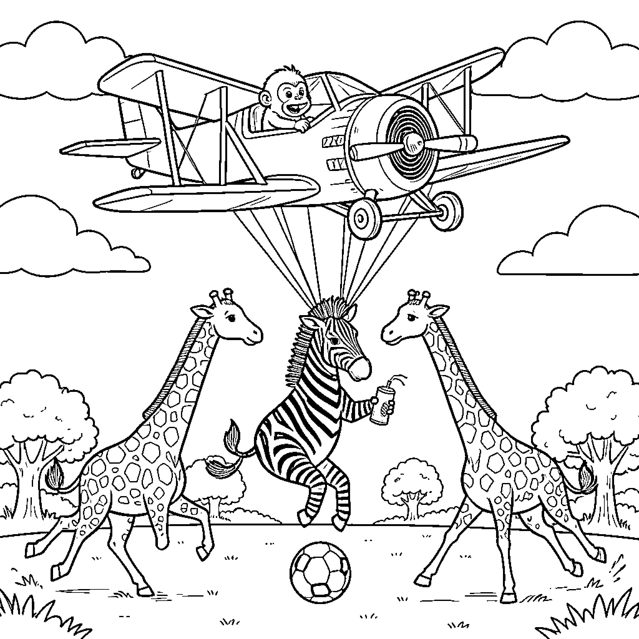 Avión volando sobre animales jugando con un balón Coloring Page (free black-and-white line drawing printable PDF for all, from beginners to advanced learners, including children, teens, adults, and seniors)