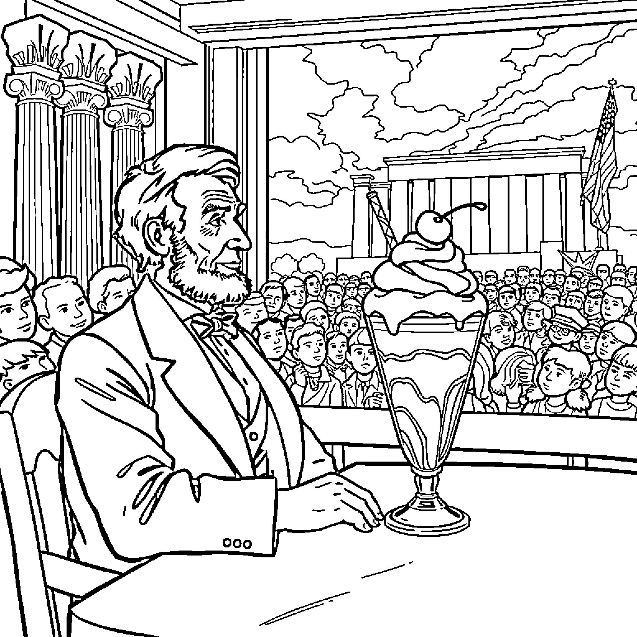Lincoln Delivering Historic Address to Gathered Crowd Coloring Page (free black-and-white line drawing printable PDF for all, from beginners to advanced learners, including children, teens, adults, and seniors)