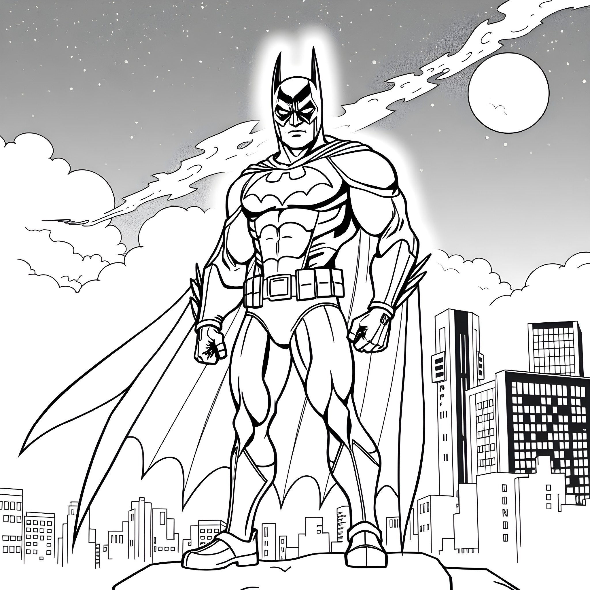 Jey Uso's heroic stance in the city skyline Coloring Page (free black-and-white line drawing printable PDF for all, from beginners to advanced learners, including children, teens, adults, and seniors)