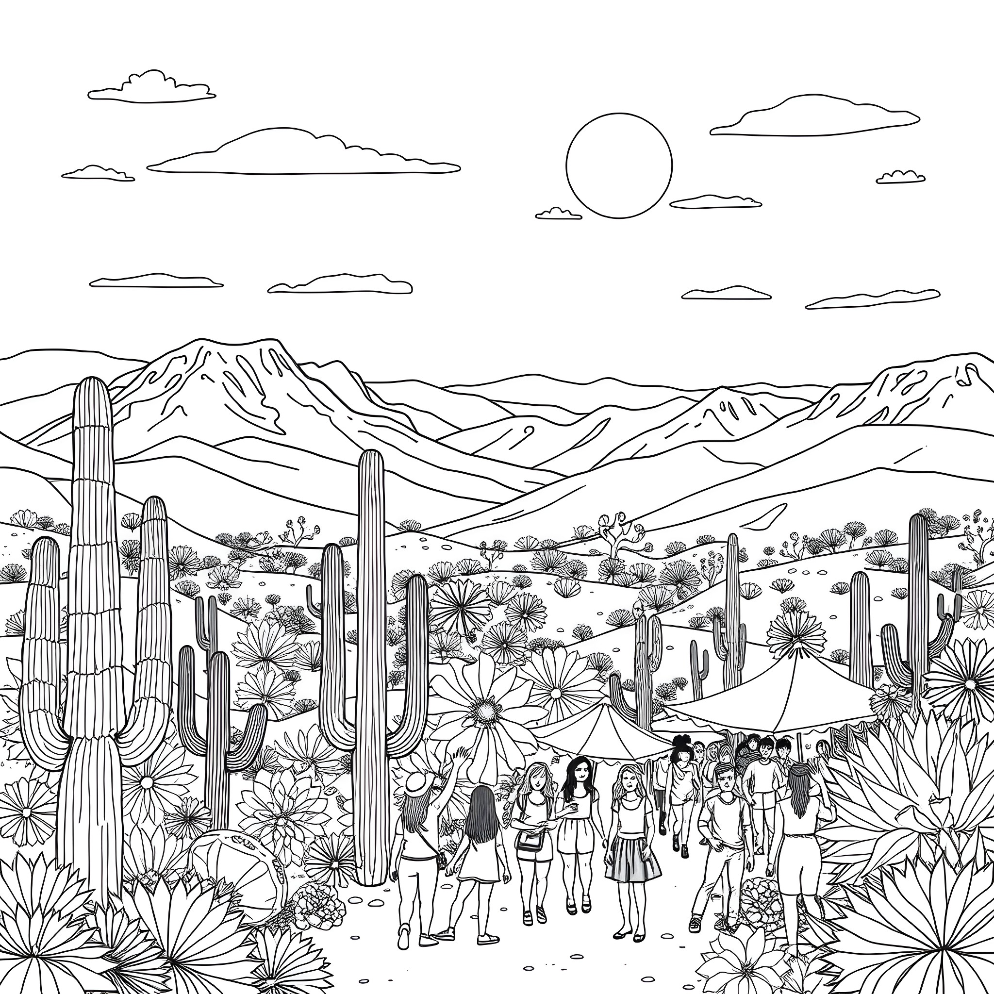 Arizona Desert Landscape with Cactus and Hikers Coloring Page (free black-and-white line drawing printable PDF for all, from beginners to advanced learners, including children, teens, adults, and seniors)