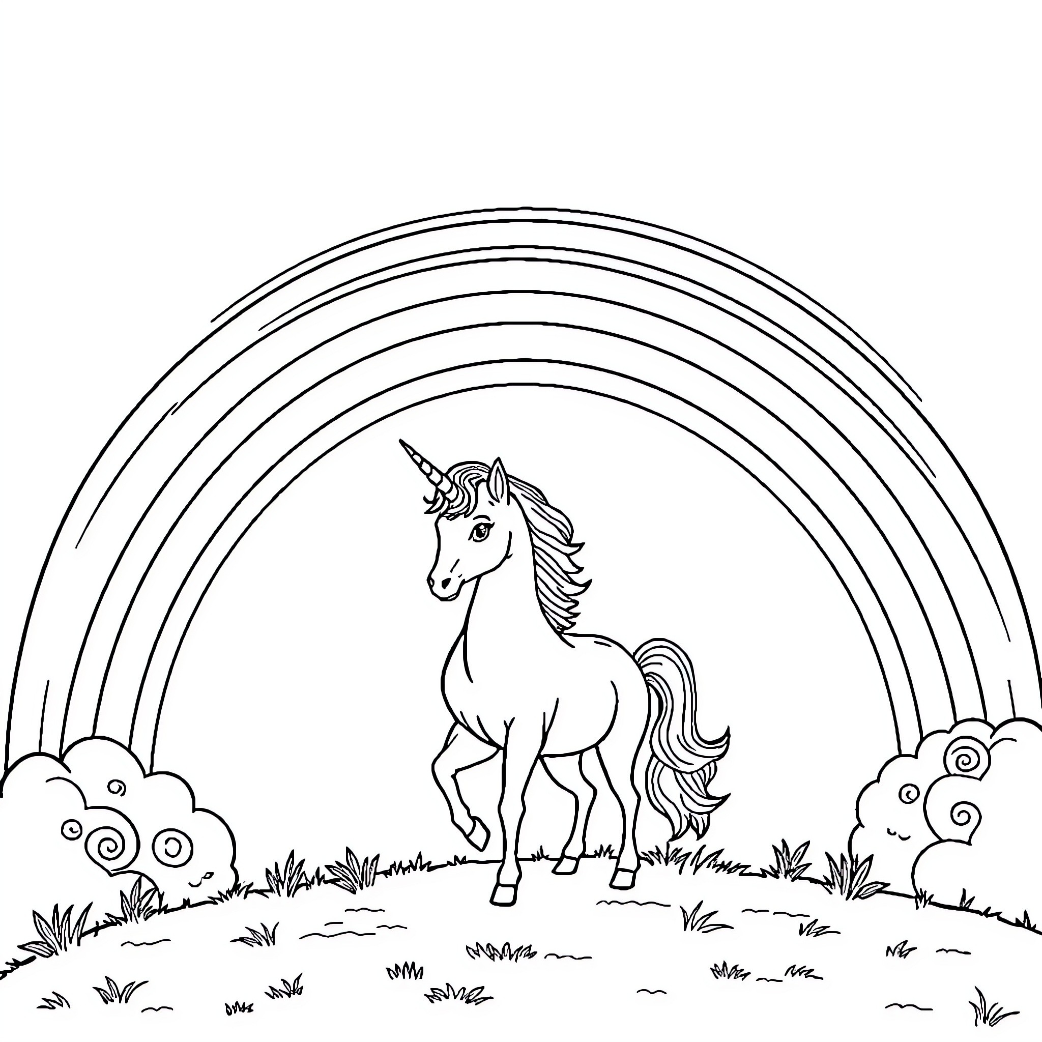 Unicorn prancing happily under rainbow Coloring Page (free black-and-white line drawing printable PDF for all, from beginners to advanced learners, including children, teens, adults, and seniors)