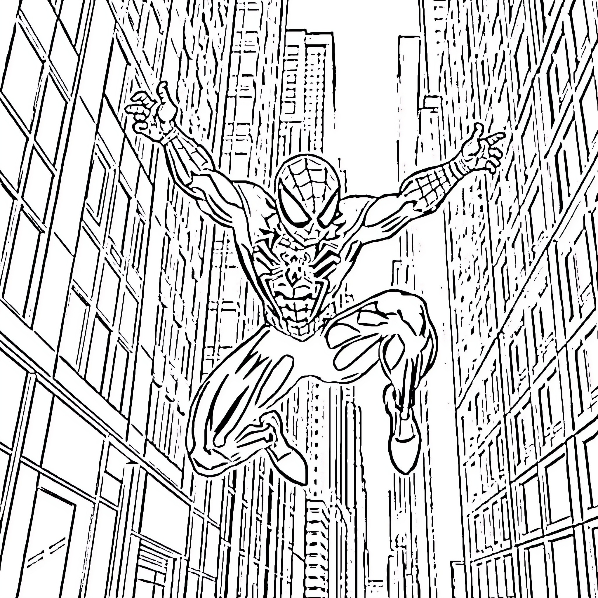 Spider-Man Leaping through the City Streets Coloring Page (free black-and-white line drawing printable PDF for all, from beginners to advanced learners, including children, teens, adults, and seniors)