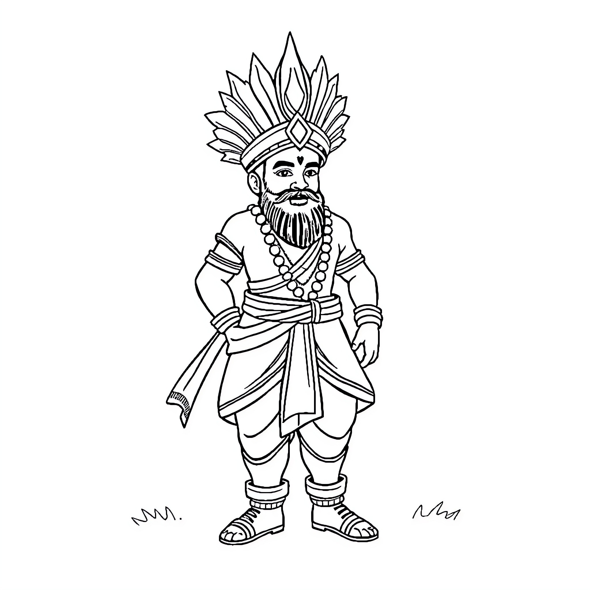 Arjun in traditional Indian attire with ornamental headpiece Coloring Page (free black-and-white line drawing printable PDF for all, from beginners to advanced learners, including children, teens, adults, and seniors)
