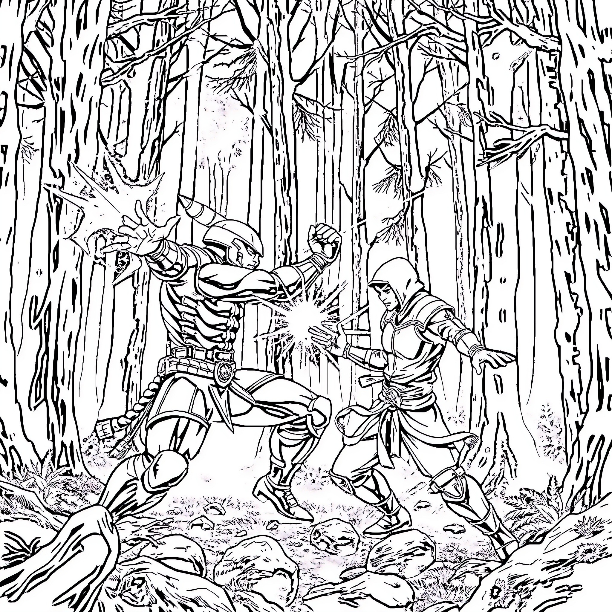 Scorpion warriors battling in the enchanted forest Coloring Page (free black-and-white line drawing printable PDF for all, from beginners to advanced learners, including children, teens, adults, and seniors)