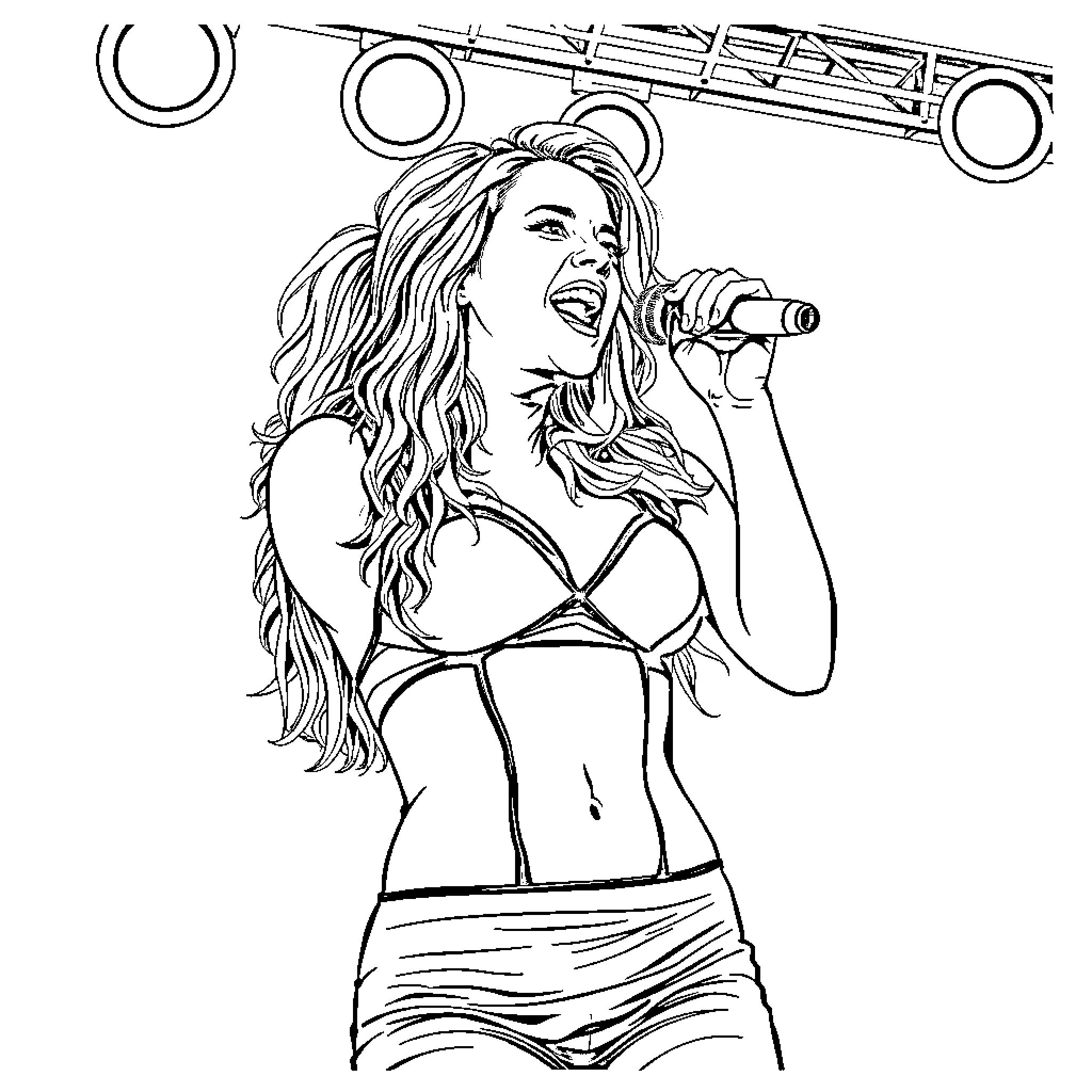 Britney Spears performing on stage with microphone Coloring Page (free black-and-white line drawing printable PDF for all, from beginners to advanced learners, including children, teens, adults, and seniors)