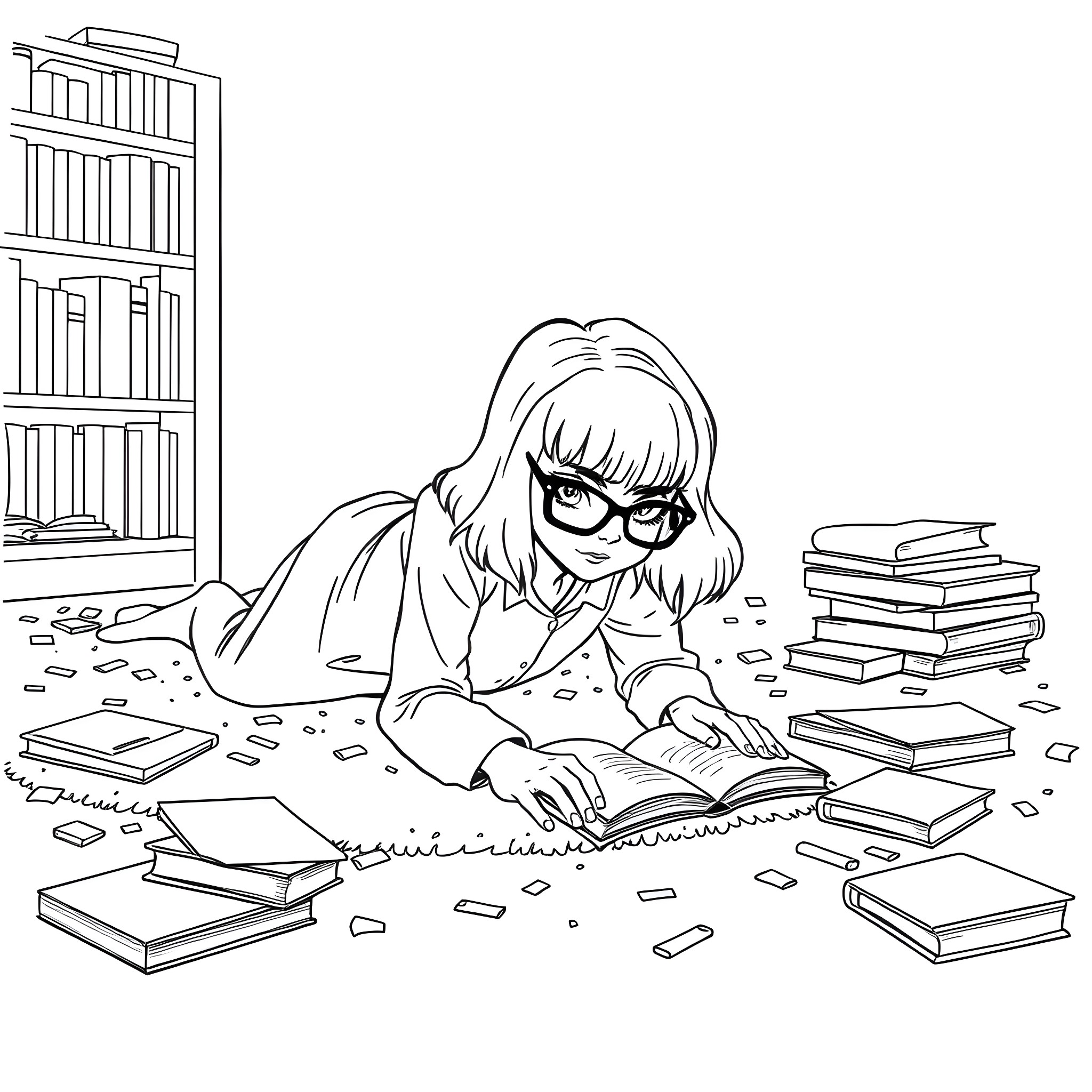 Velma studying intently in the library Coloring Page (free black-and-white line drawing printable PDF for all, from beginners to advanced learners, including children, teens, adults, and seniors)