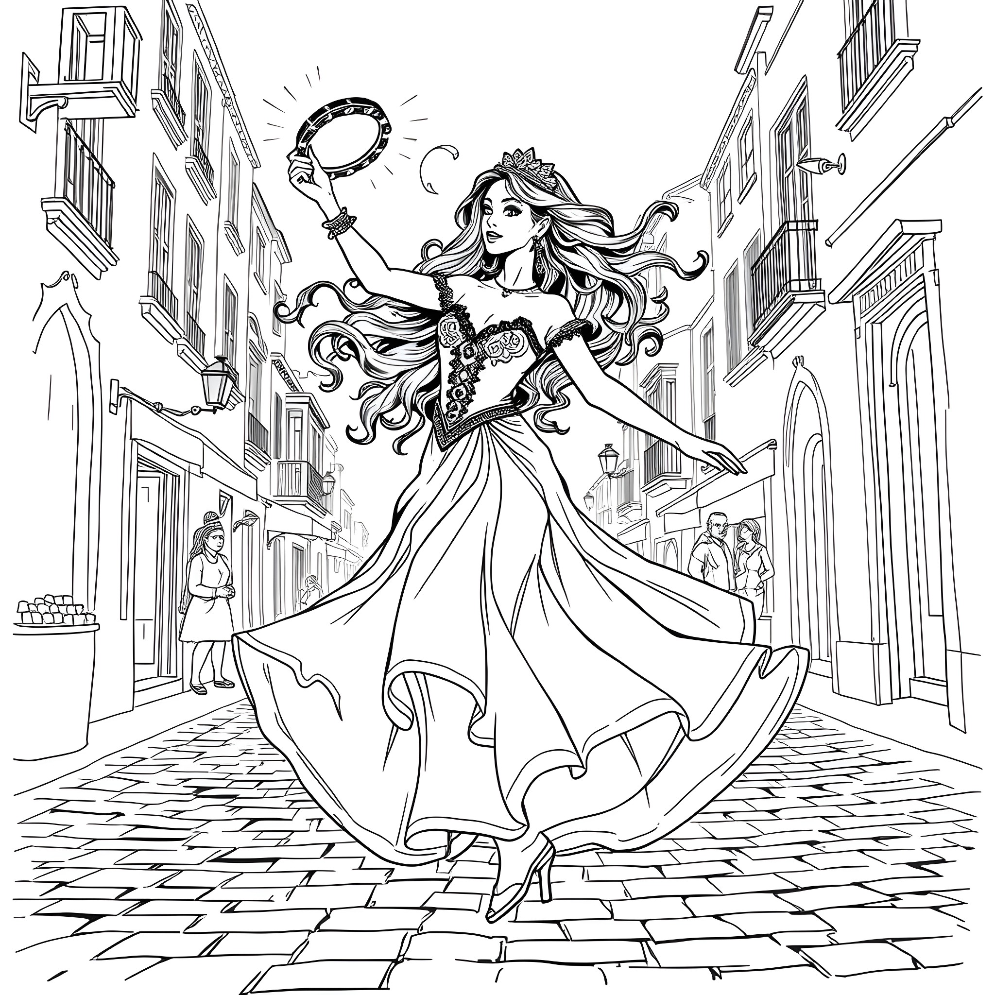 Esmeralda's Enchanting Dance in the Streets Coloring Page (free black-and-white line drawing printable PDF for all, from beginners to advanced learners, including children, teens, adults, and seniors)