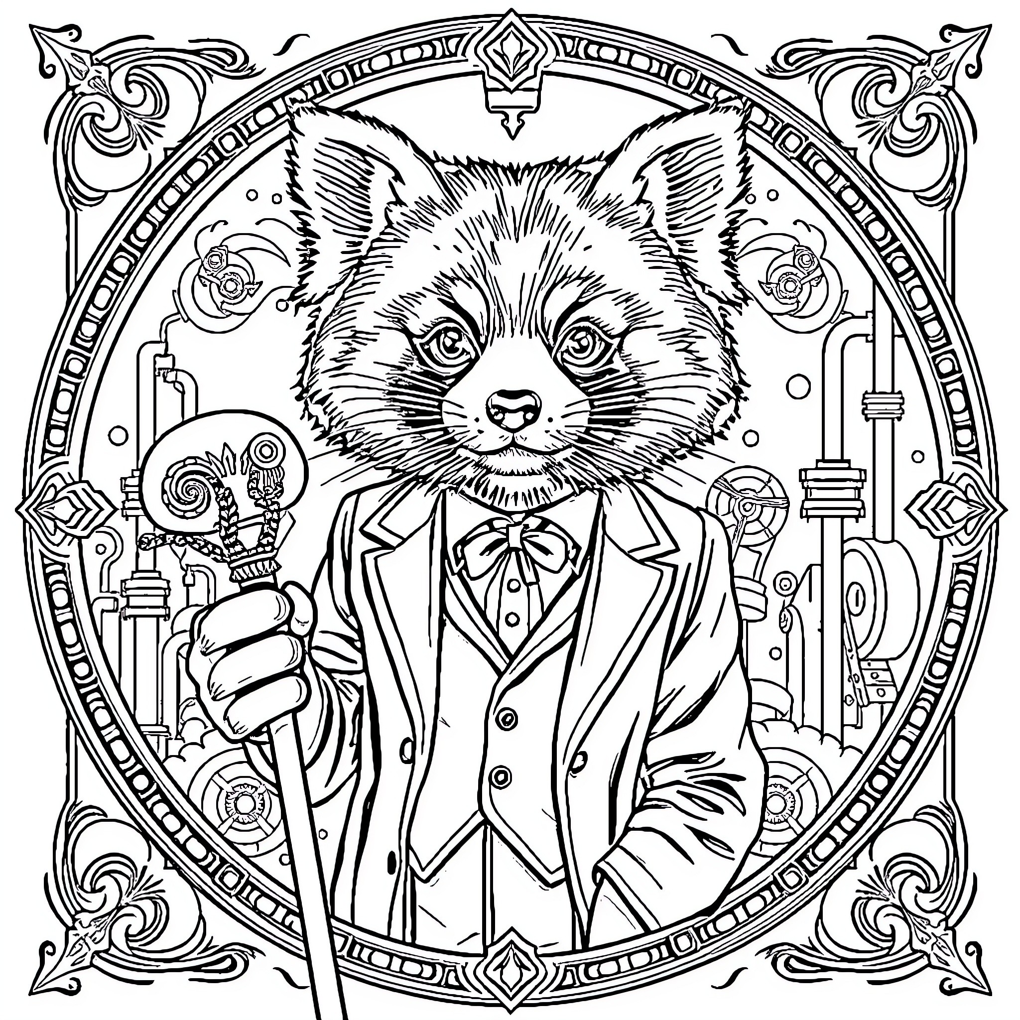 Panda in a Sophisticated Suit Coloring Page (free black-and-white line drawing printable PDF for all, from beginners to advanced learners, including children, teens, adults, and seniors)
