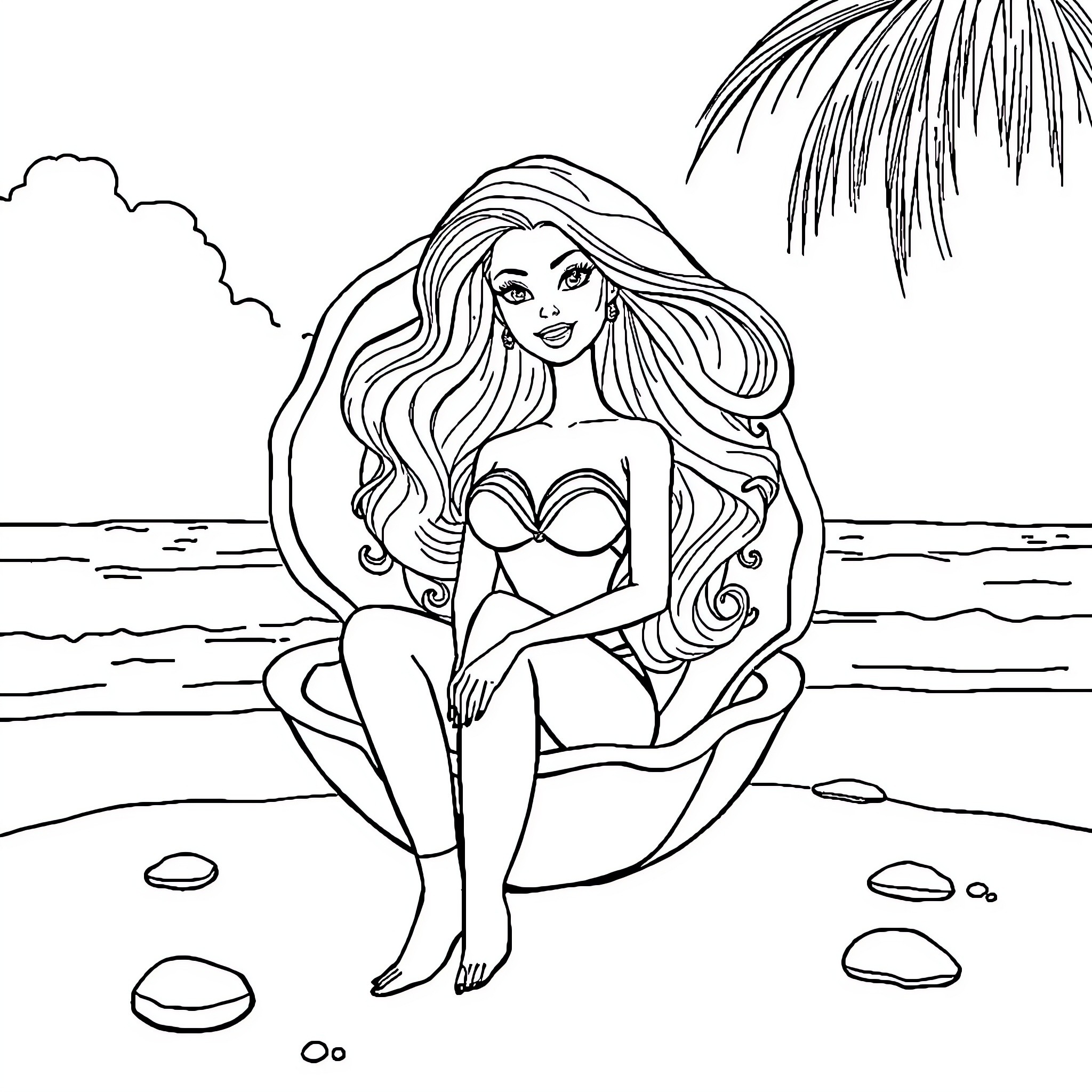 Barbie relaxing on the beach Coloring Page (free black-and-white line drawing printable PDF for all, from beginners to advanced learners, including children, teens, adults, and seniors)