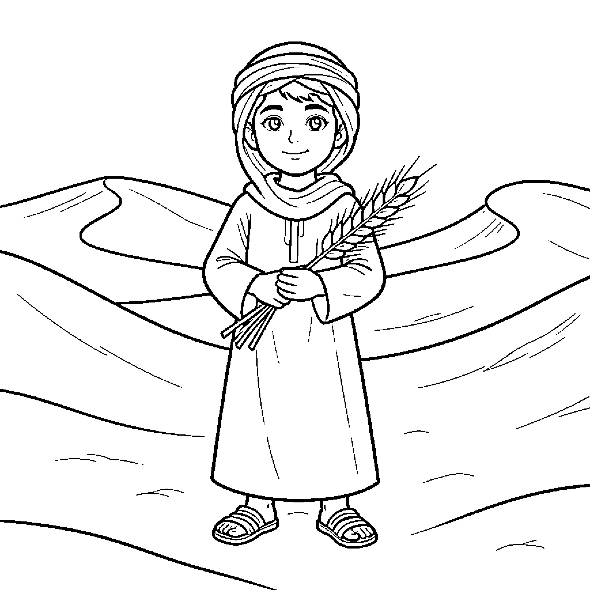 Child in traditional attire holding a wheat stalk Coloring Page (free black-and-white line drawing printable PDF for all, from beginners to advanced learners, including children, teens, adults, and seniors)