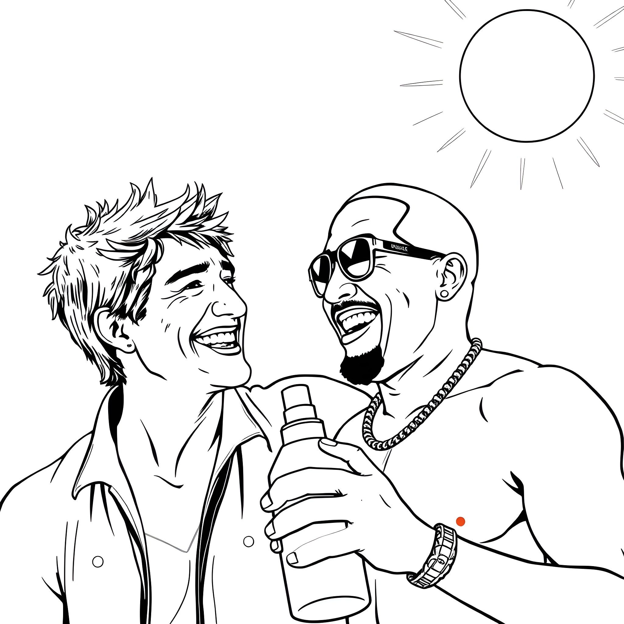Justin Trudeau and a friend laughing together in the sunlight Coloring Page (free black-and-white line drawing printable PDF for all, from beginners to advanced learners, including children, teens, adults, and seniors)
