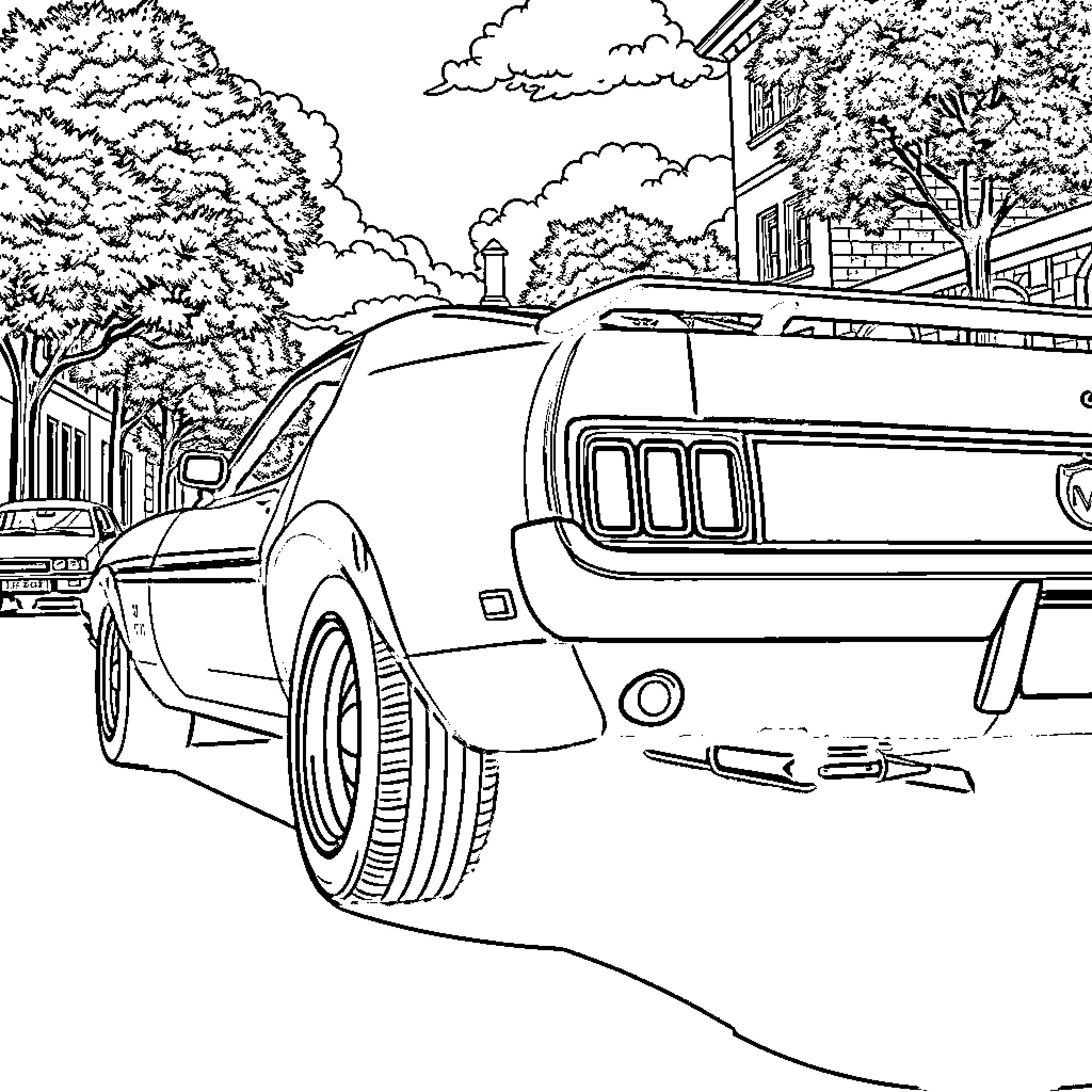 Ford Mustang on a Suburban Street Coloring Page (free black-and-white line drawing printable PDF for all, from beginners to advanced learners, including children, teens, adults, and seniors)