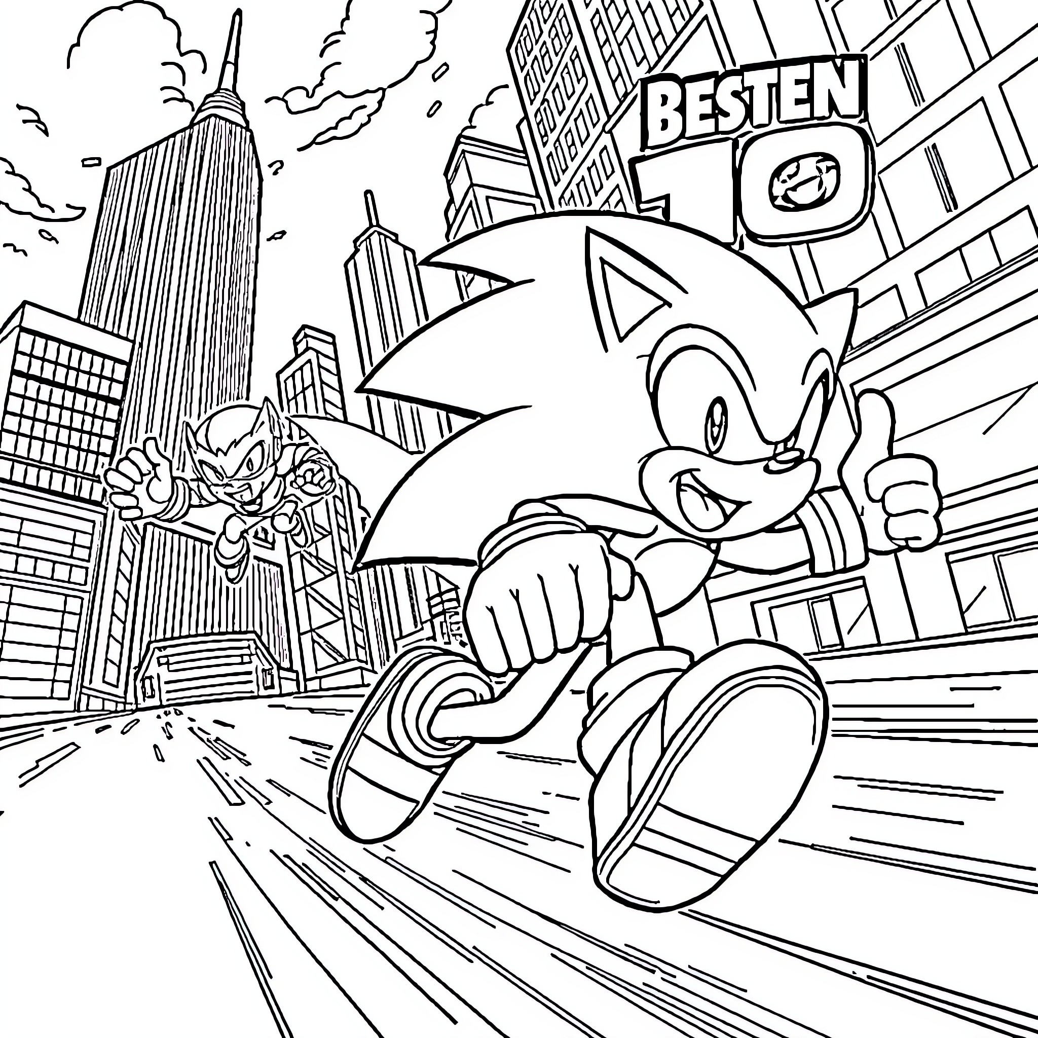 Sonic racing through the city Coloring Page (free black-and-white line drawing printable PDF for all, from beginners to advanced learners, including children, teens, adults, and seniors)