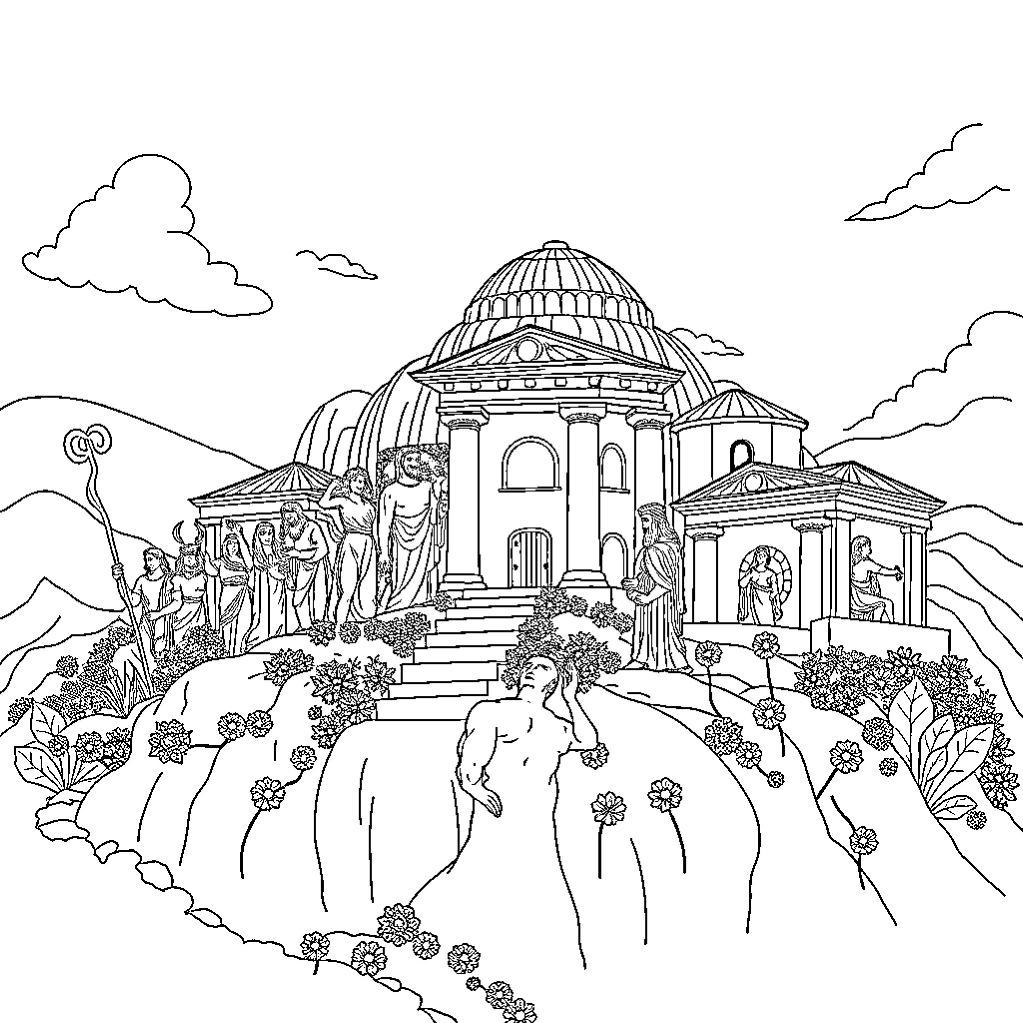 Olympian God's Majestic Abode in the Clouds Coloring Page (free black-and-white line drawing printable PDF for all, from beginners to advanced learners, including children, teens, adults, and seniors)