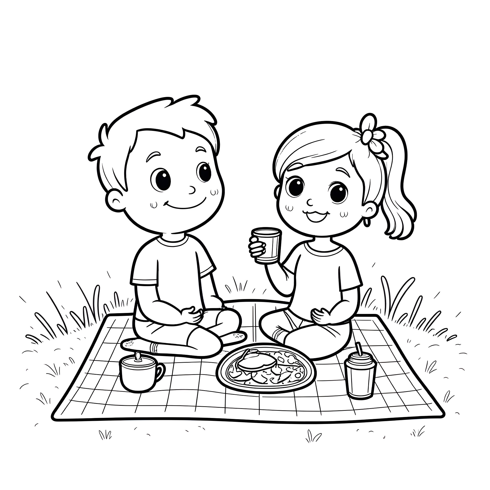 Bluey and Bingo enjoying a picnic together Coloring Page (free black-and-white line drawing printable PDF for all, from beginners to advanced learners, including children, teens, adults, and seniors)