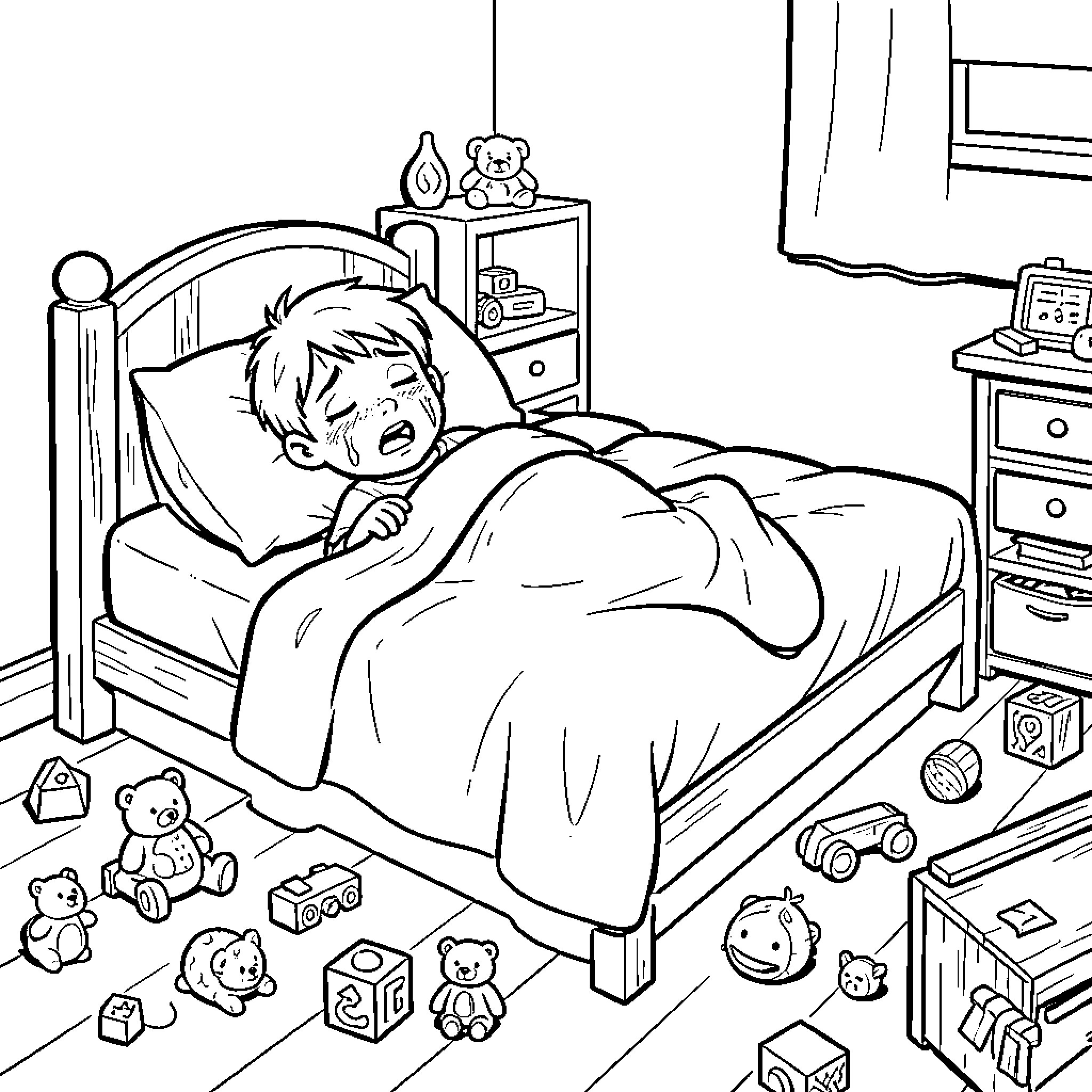 Child crying while lying in bed Coloring Page (free black-and-white line drawing printable PDF for all, from beginners to advanced learners, including children, teens, adults, and seniors)