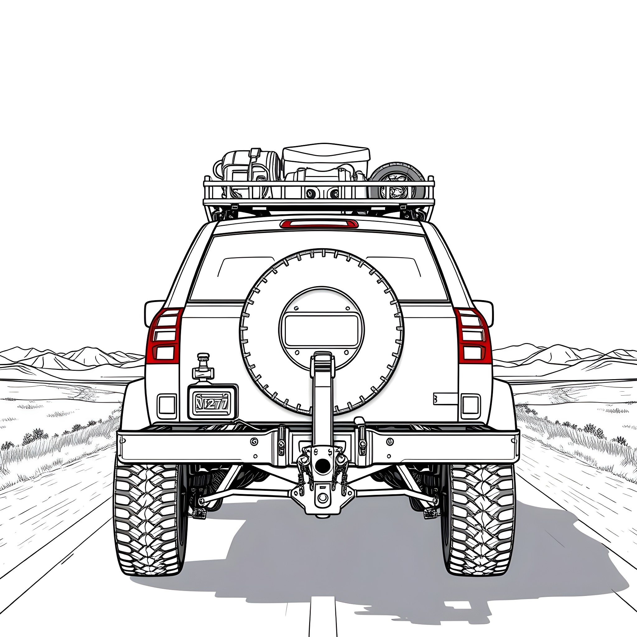 Car Trailer Loaded with Adventure Gear on Mountain Road Coloring Page (free black-and-white line drawing printable PDF for all, from beginners to advanced learners, including children, teens, adults, and seniors)