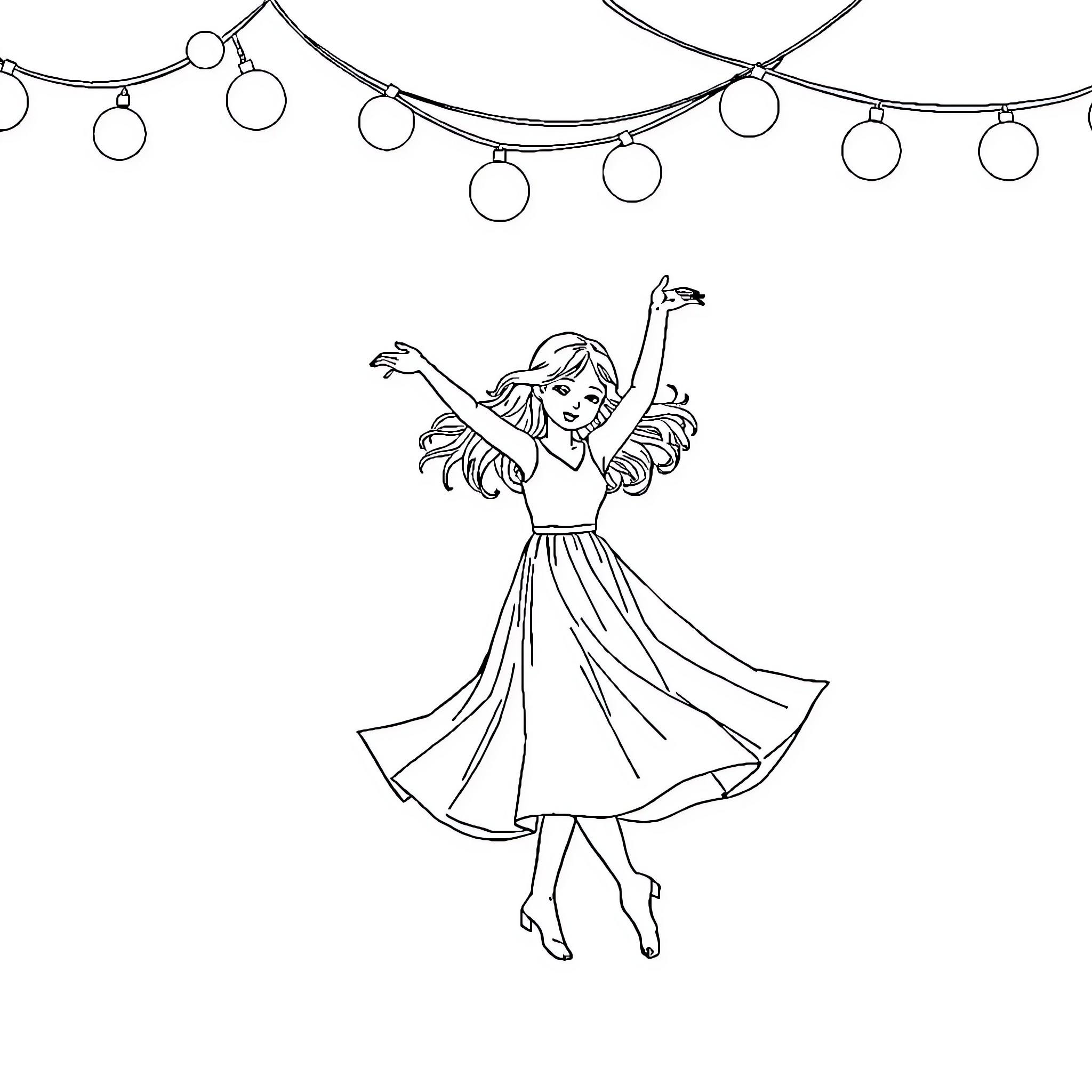 Girl dancing joyfully under festive lights Coloring Page (free black-and-white line drawing printable PDF for all, from beginners to advanced learners, including children, teens, adults, and seniors)