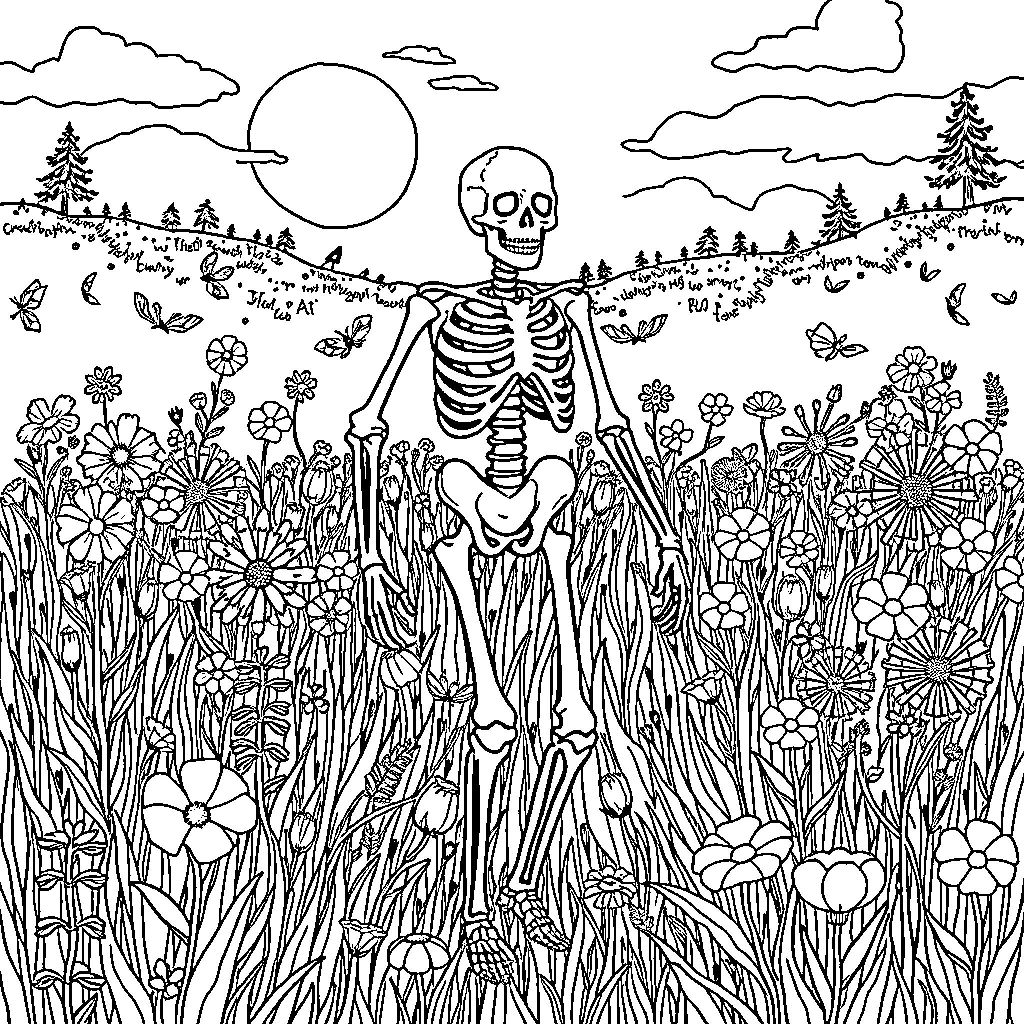 Skeleton wandering through a flowery meadow Coloring Page (free black-and-white line drawing printable PDF for all, from beginners to advanced learners, including children, teens, adults, and seniors)
