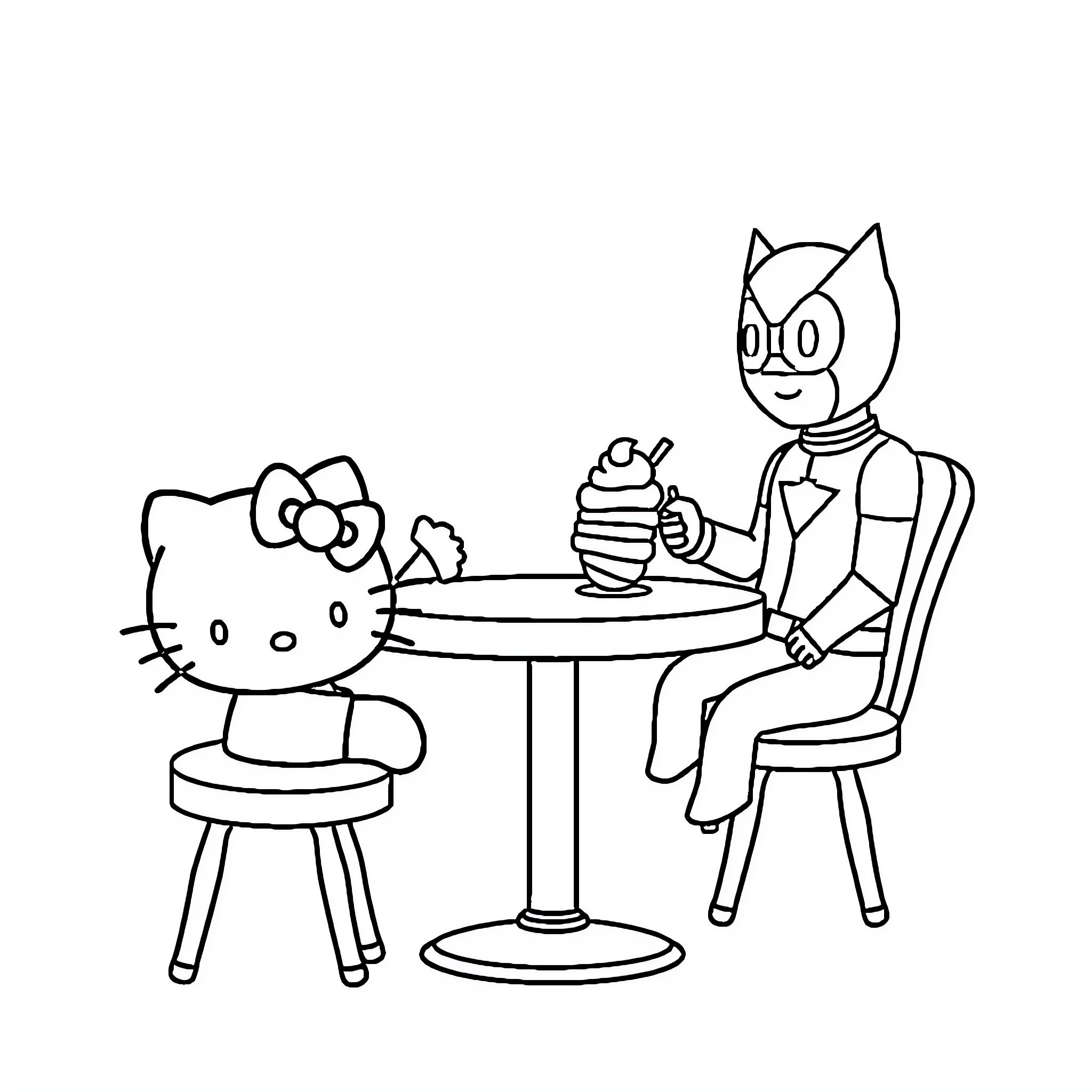 Hello Kitty enjoys an ice cream treat with a friend Coloring Page (free black-and-white line drawing printable PDF for all, from beginners to advanced learners, including children, teens, adults, and seniors)