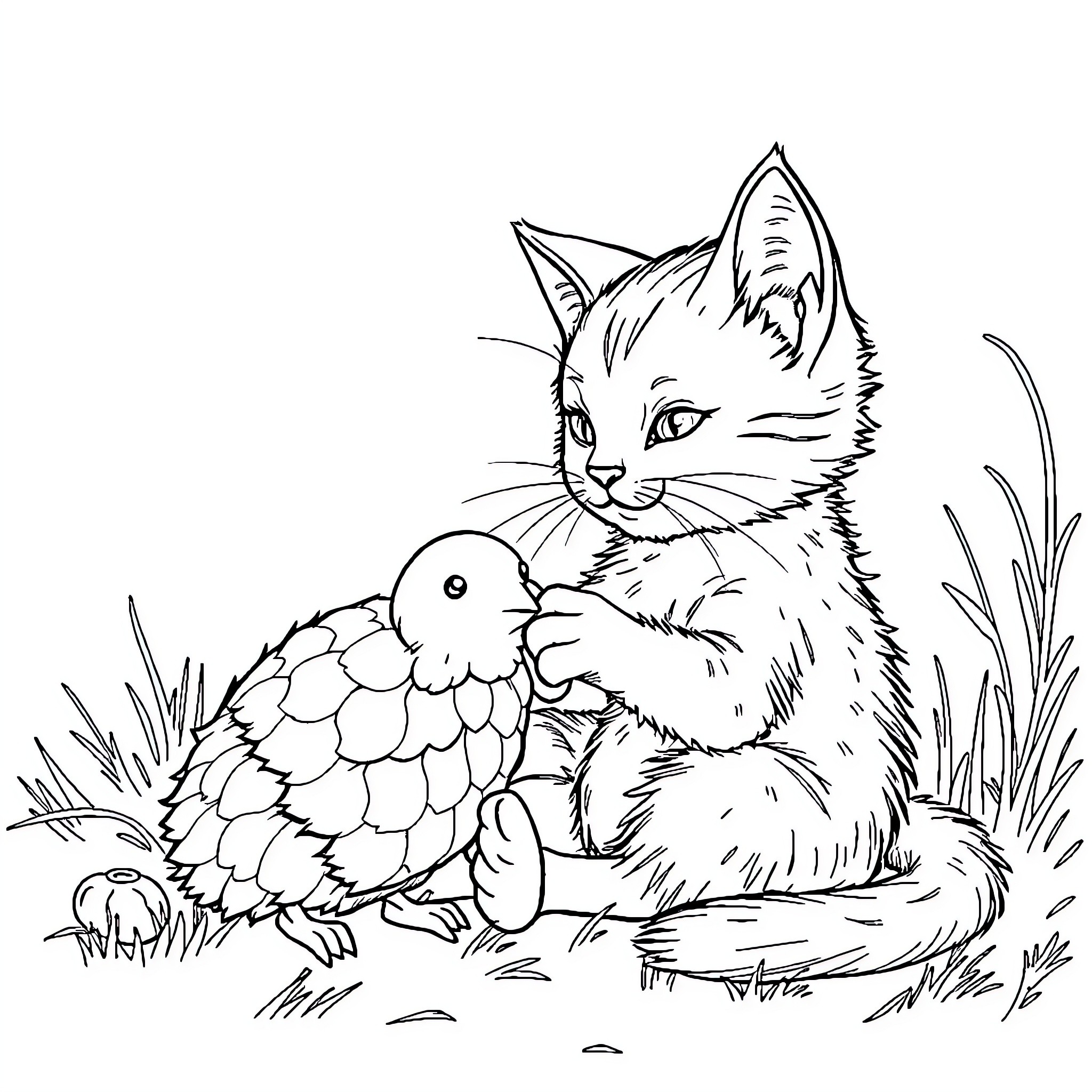 Kitten playing with colorful bird in the grass Coloring Page (free black-and-white line drawing printable PDF for all, from beginners to advanced learners, including children, teens, adults, and seniors)