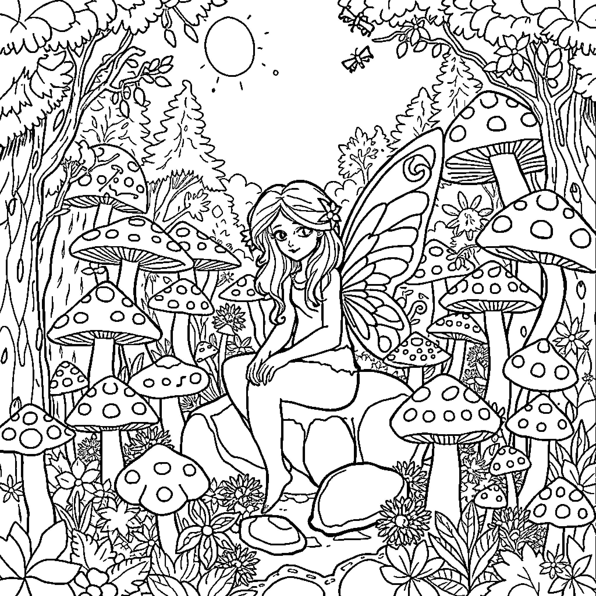 Fairy surrounded by enchanting mushrooms in a whimsical forest Coloring Page (free black-and-white line drawing printable PDF for all, from beginners to advanced learners, including children, teens, adults, and seniors)