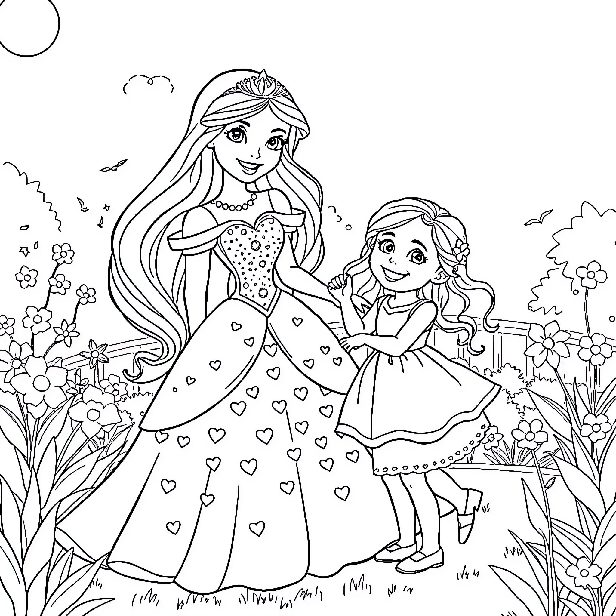 Princess and her Daughter in a Flowery Garden Coloring Page (free black-and-white line drawing printable PDF for all, from beginners to advanced learners, including children, teens, adults, and seniors)