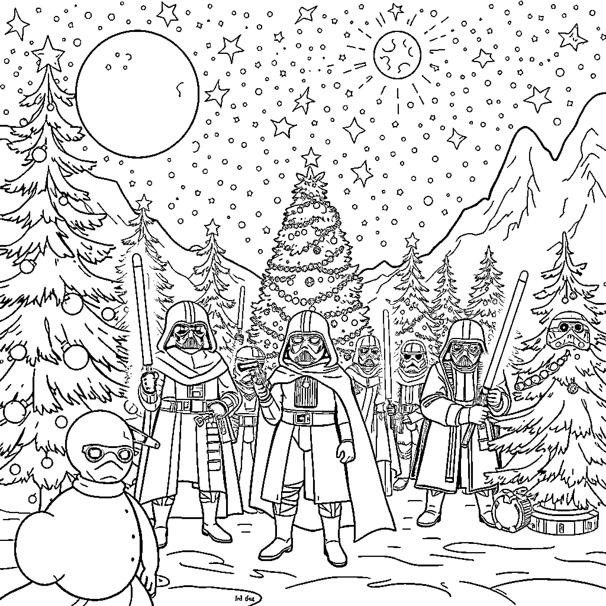Star Wars Characters in a Snowy Winter Wonderland Coloring Page (free black-and-white line drawing printable PDF for all, from beginners to advanced learners, including children, teens, adults, and seniors)