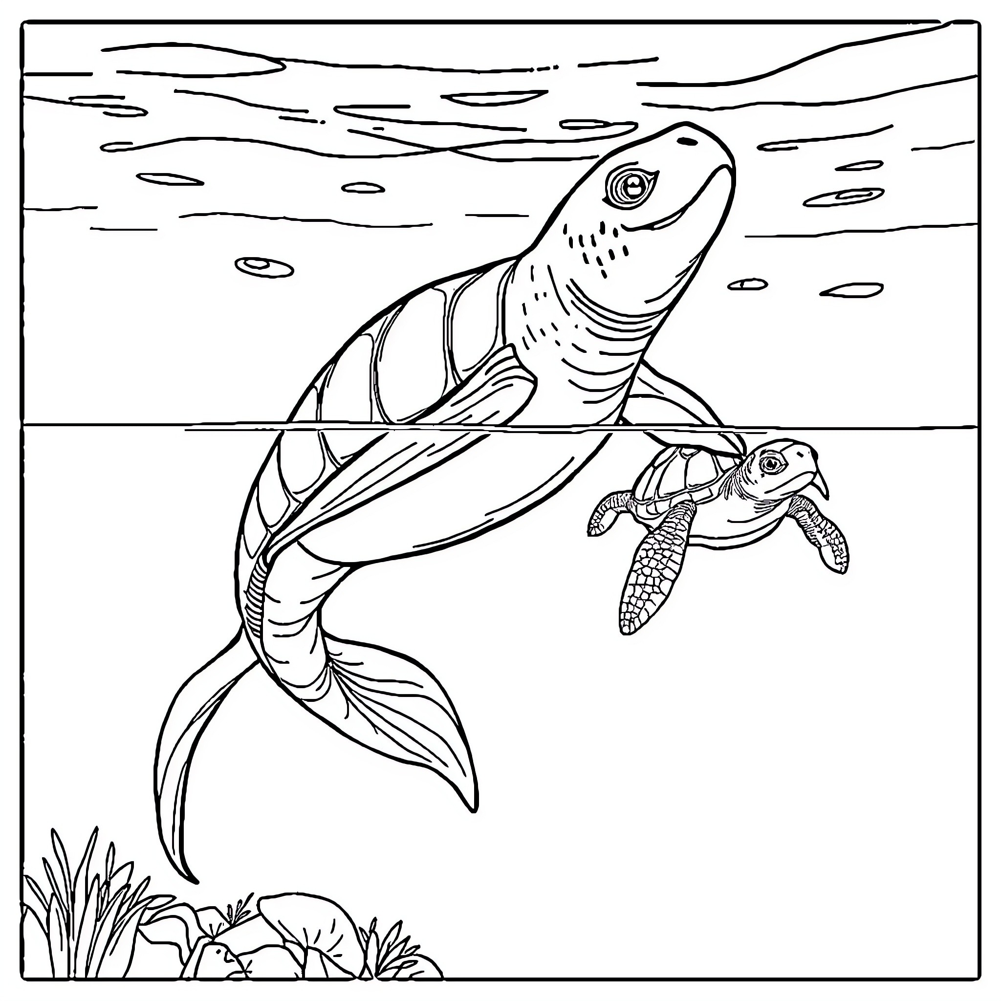 Siren of the Sea: A Turtle and Fish in Harmony Coloring Page (free black-and-white line drawing printable PDF for all, from beginners to advanced learners, including children, teens, adults, and seniors)