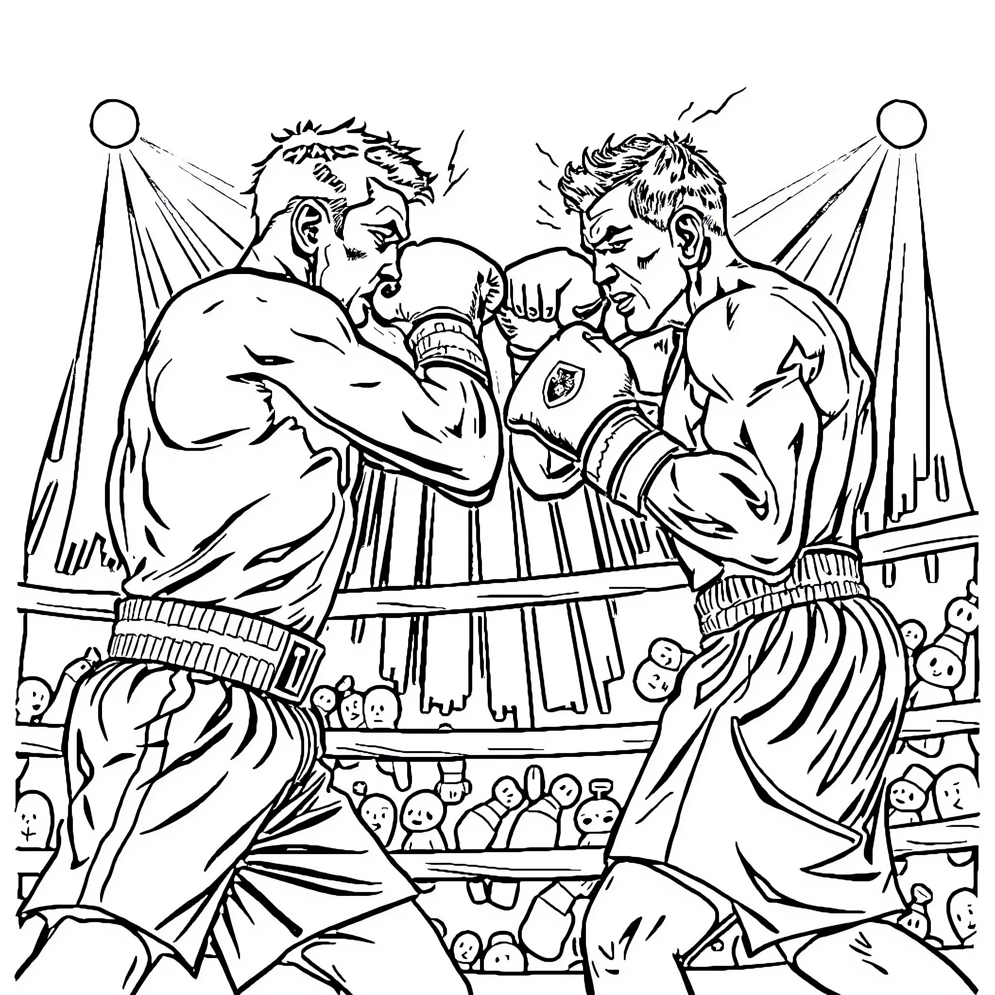 Boxing Match Intensity and Drama Coloring Page (free black-and-white line drawing printable PDF for all, from beginners to advanced learners, including children, teens, adults, and seniors)