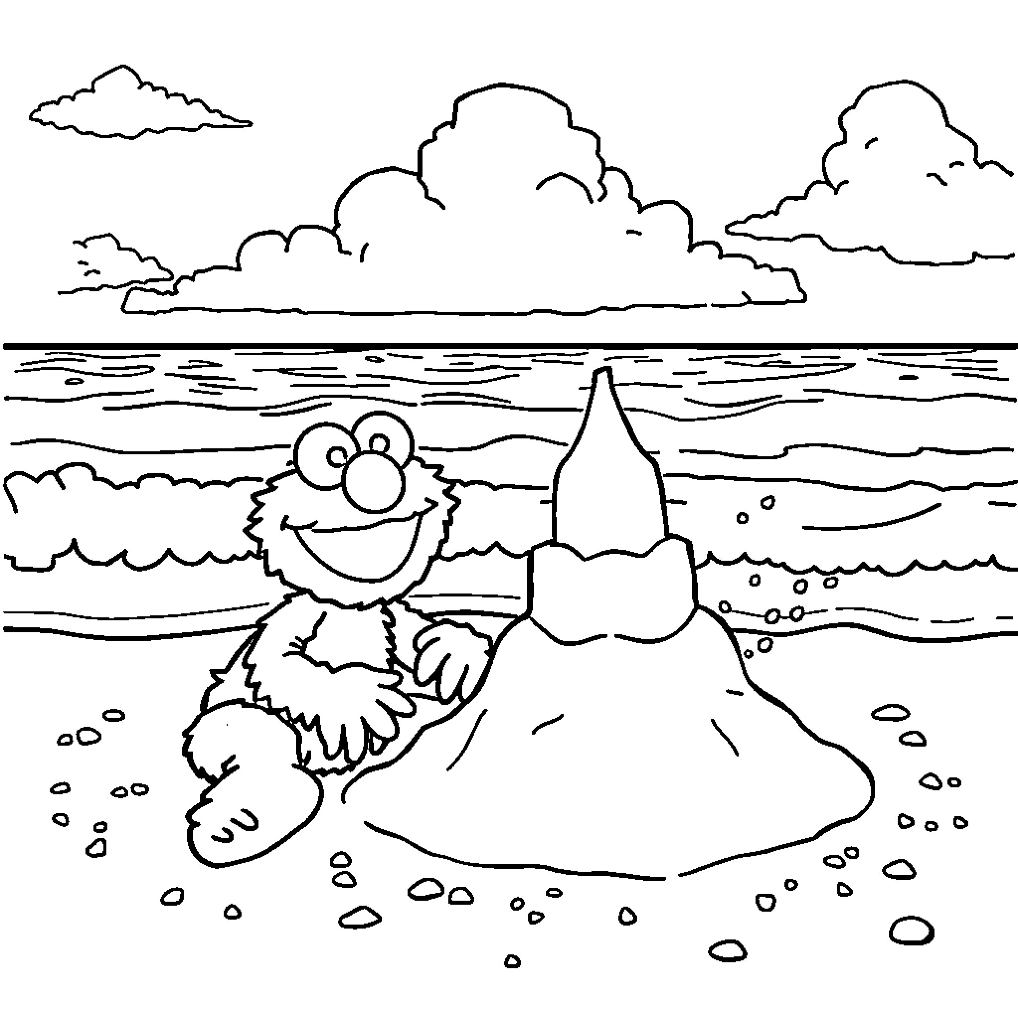 Elmo building a sandcastle on the beach Coloring Page (free black-and-white line drawing printable PDF for all, from beginners to advanced learners, including children, teens, adults, and seniors)