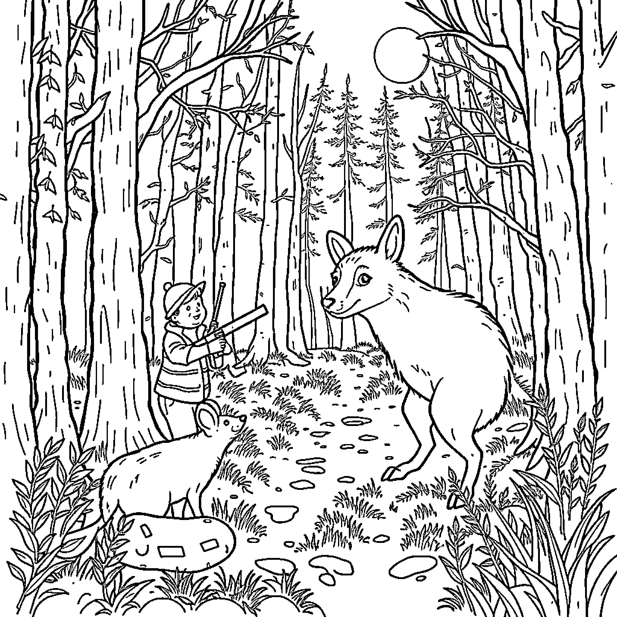 Hunting in the Enchanted Forest Coloring Page (free black-and-white line drawing printable PDF for all, from beginners to advanced learners, including children, teens, adults, and seniors)