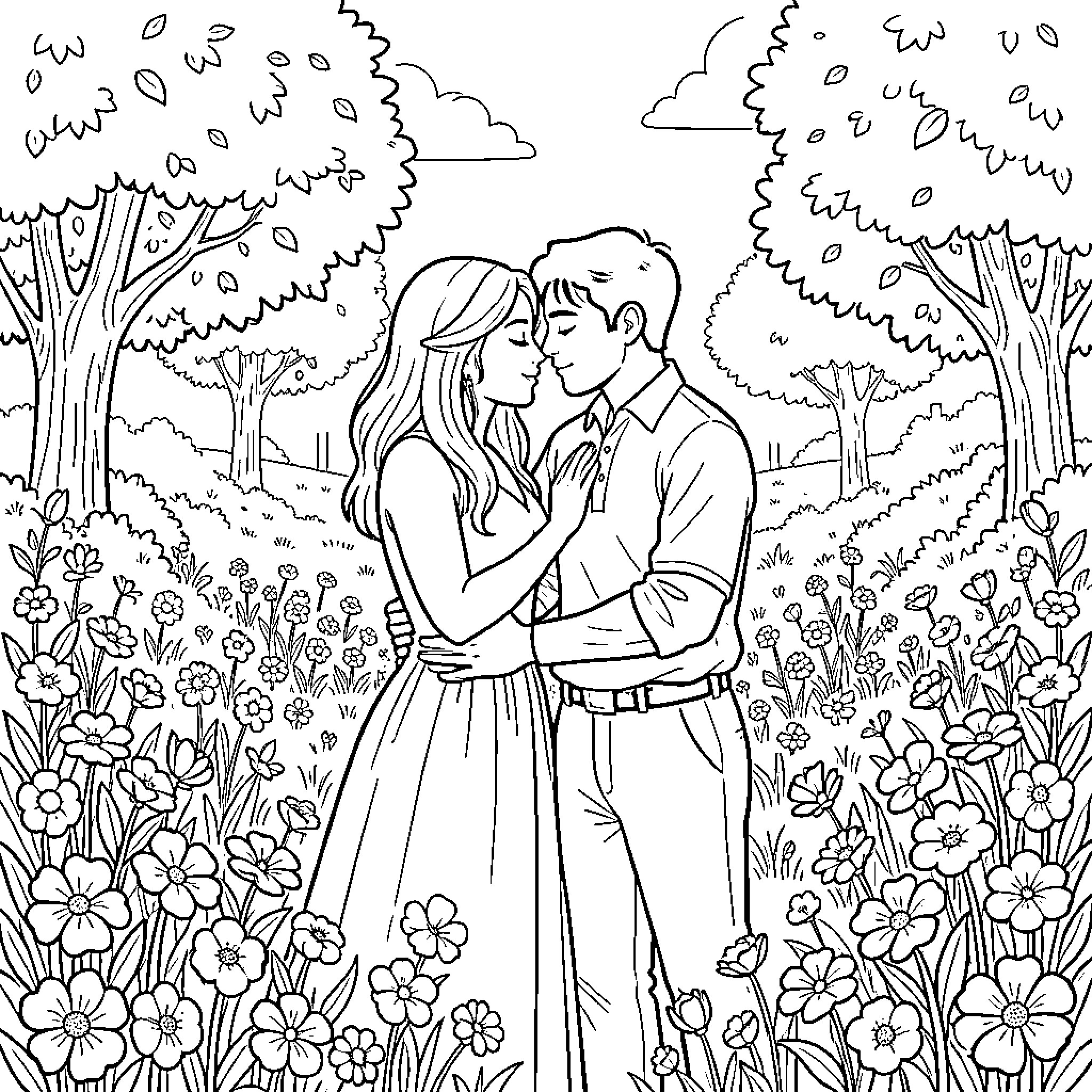 Couple embracing in a flowery garden Coloring Page (free black-and-white line drawing printable PDF for all, from beginners to advanced learners, including children, teens, adults, and seniors)
