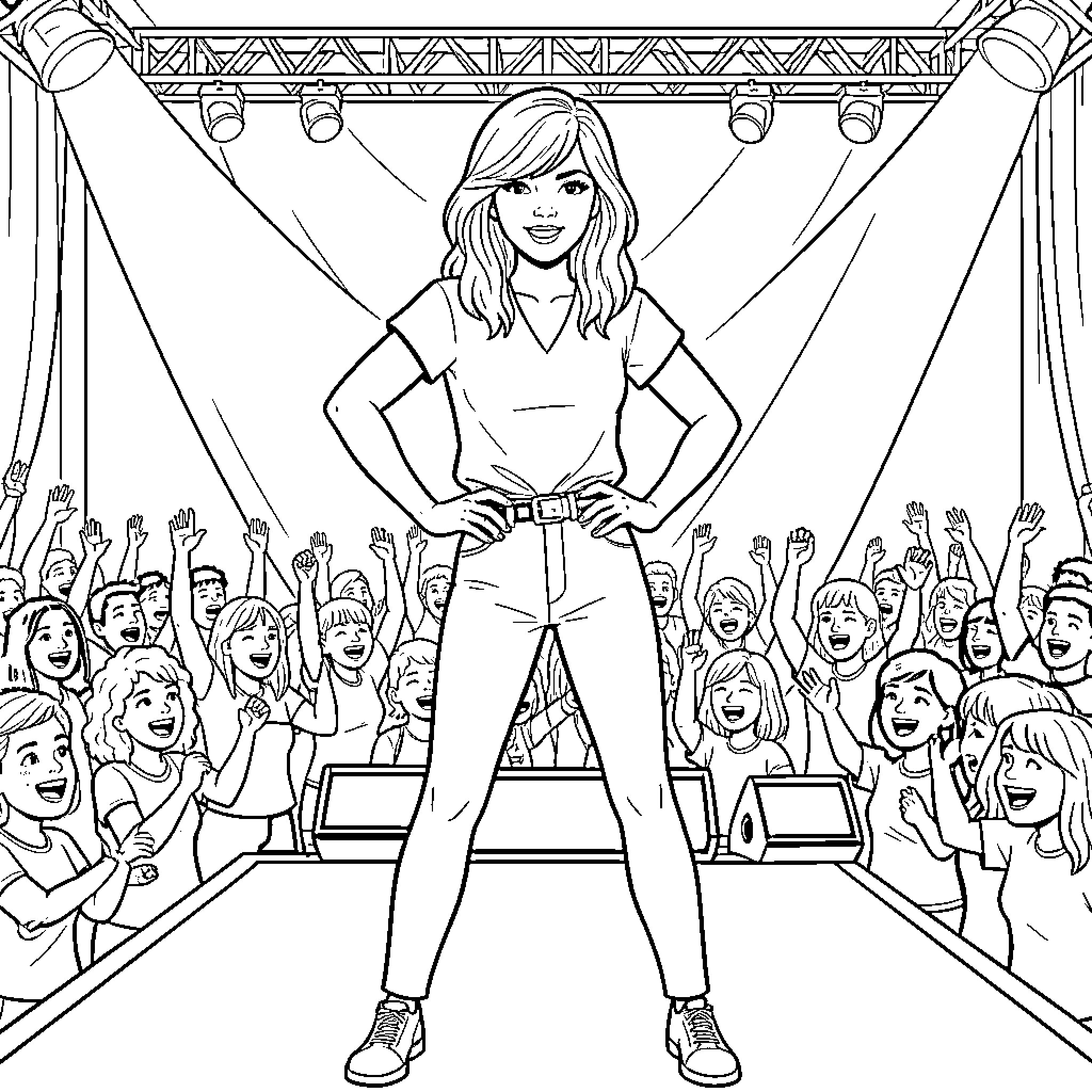Taylor Swift performing on stage before an excited crowd Coloring Page (free black-and-white line drawing printable PDF for all, from beginners to advanced learners, including children, teens, adults, and seniors)
