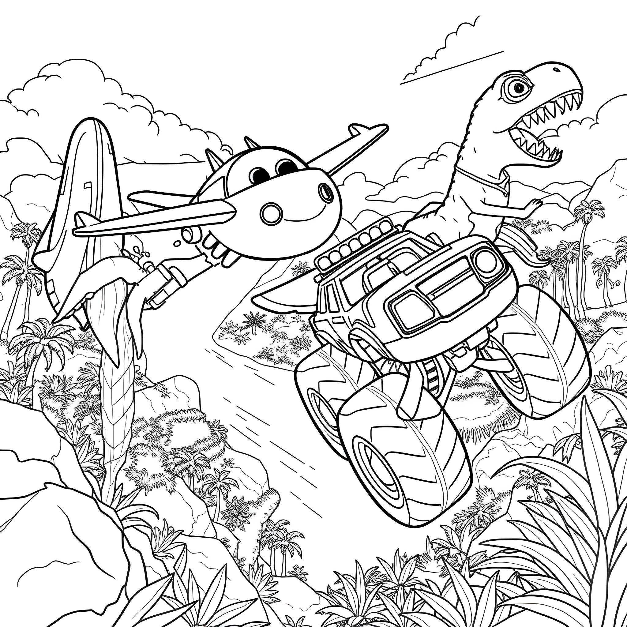 Jett's Thrilling Jungle Adventure Coloring Page (free black-and-white line drawing printable PDF for all, from beginners to advanced learners, including children, teens, adults, and seniors)