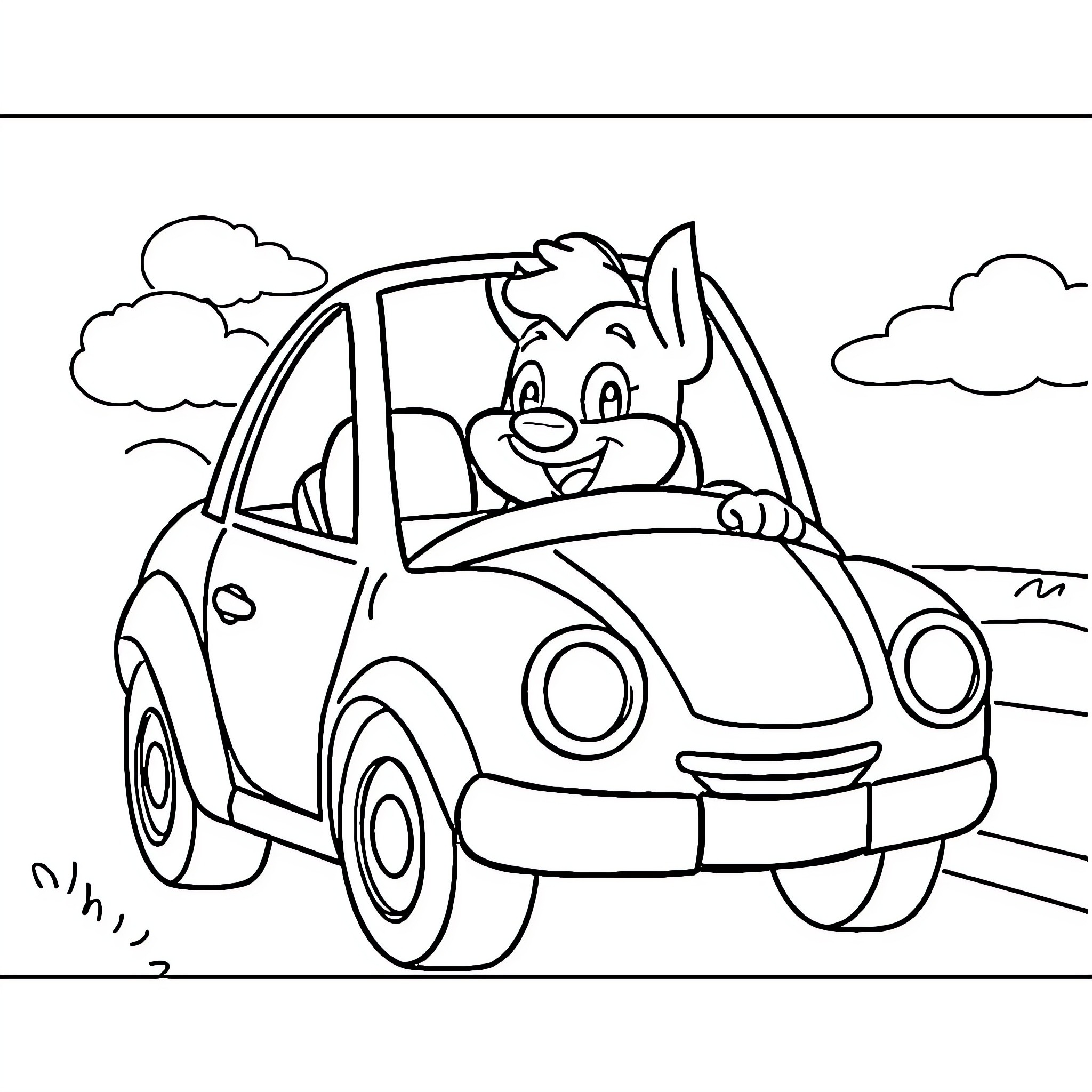 Bluey driving a car happily on the road Coloring Page (free black-and-white line drawing printable PDF for all, from beginners to advanced learners, including children, teens, adults, and seniors)