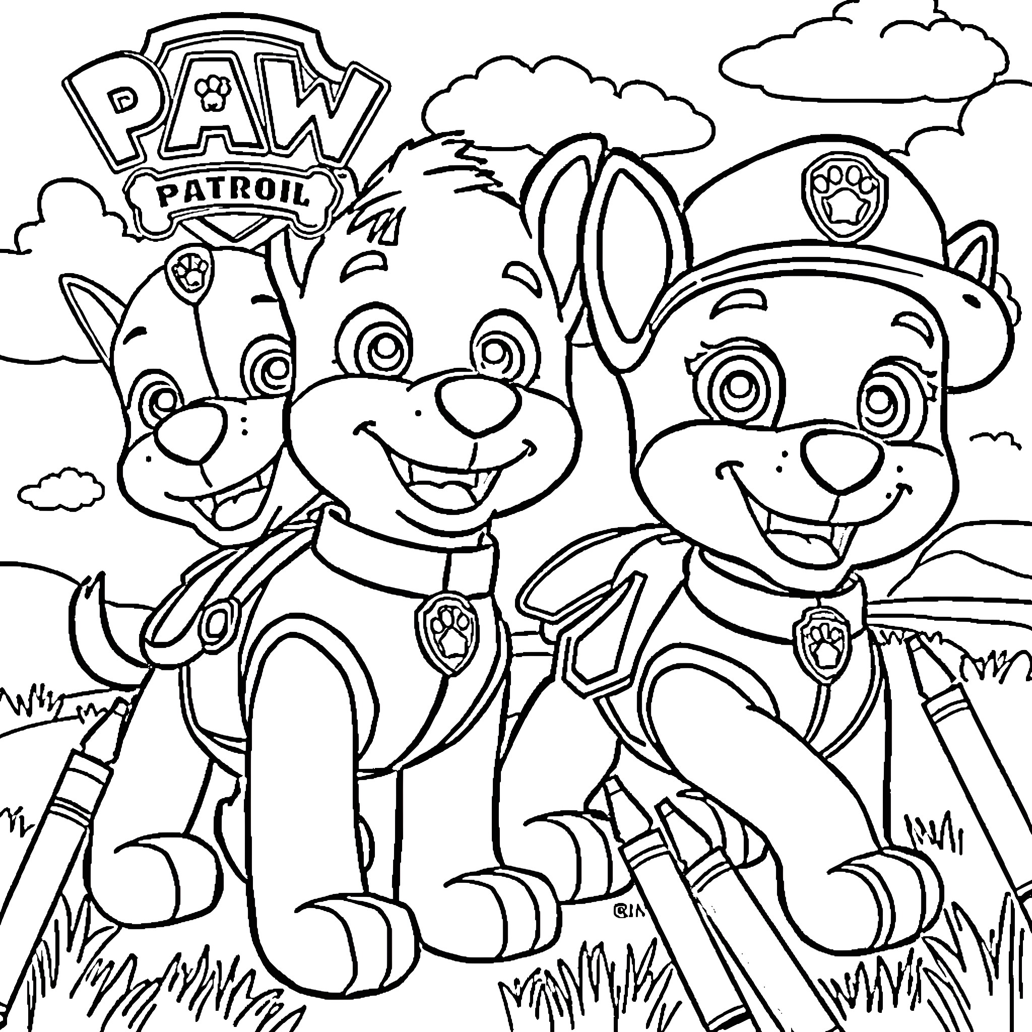 Paw Patrol friends in action pose Coloring Page (free black-and-white line drawing printable PDF for all, from beginners to advanced learners, including children, teens, adults, and seniors)