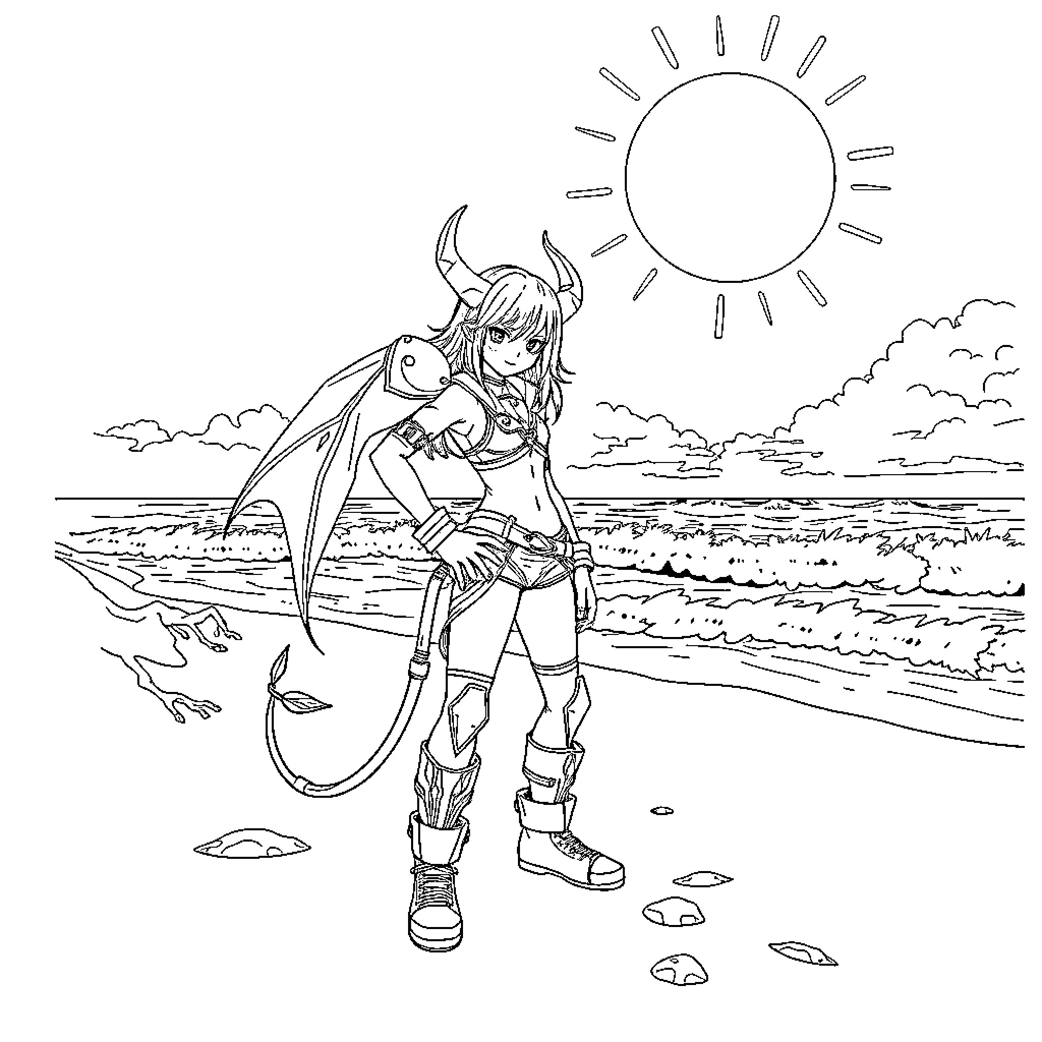 Demon Hunter Stands Tall on the Beach Coloring Page (free black-and-white line drawing printable PDF for all, from beginners to advanced learners, including children, teens, adults, and seniors)