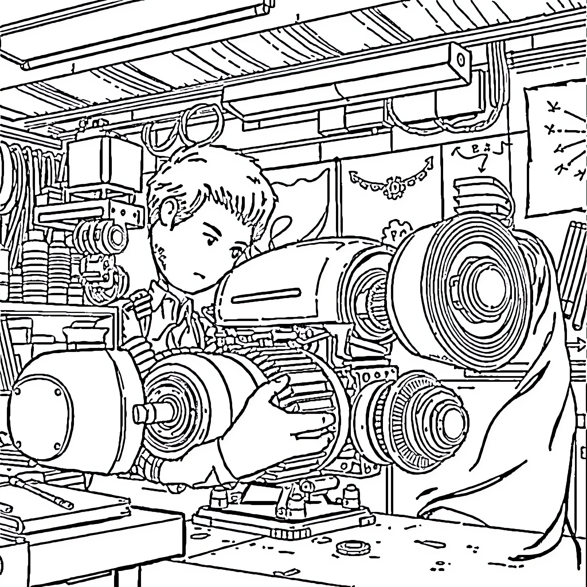 Motor Mechanic Repairing Equipment in Workshop Coloring Page (free black-and-white line drawing printable PDF for all, from beginners to advanced learners, including children, teens, adults, and seniors)