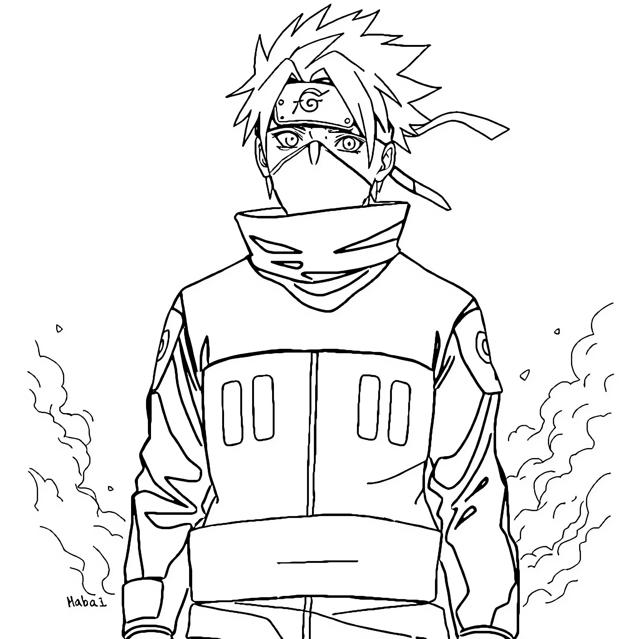 Kakashi in action-packed ninja attire Coloring Page (free black-and-white line drawing printable PDF for all, from beginners to advanced learners, including children, teens, adults, and seniors)
