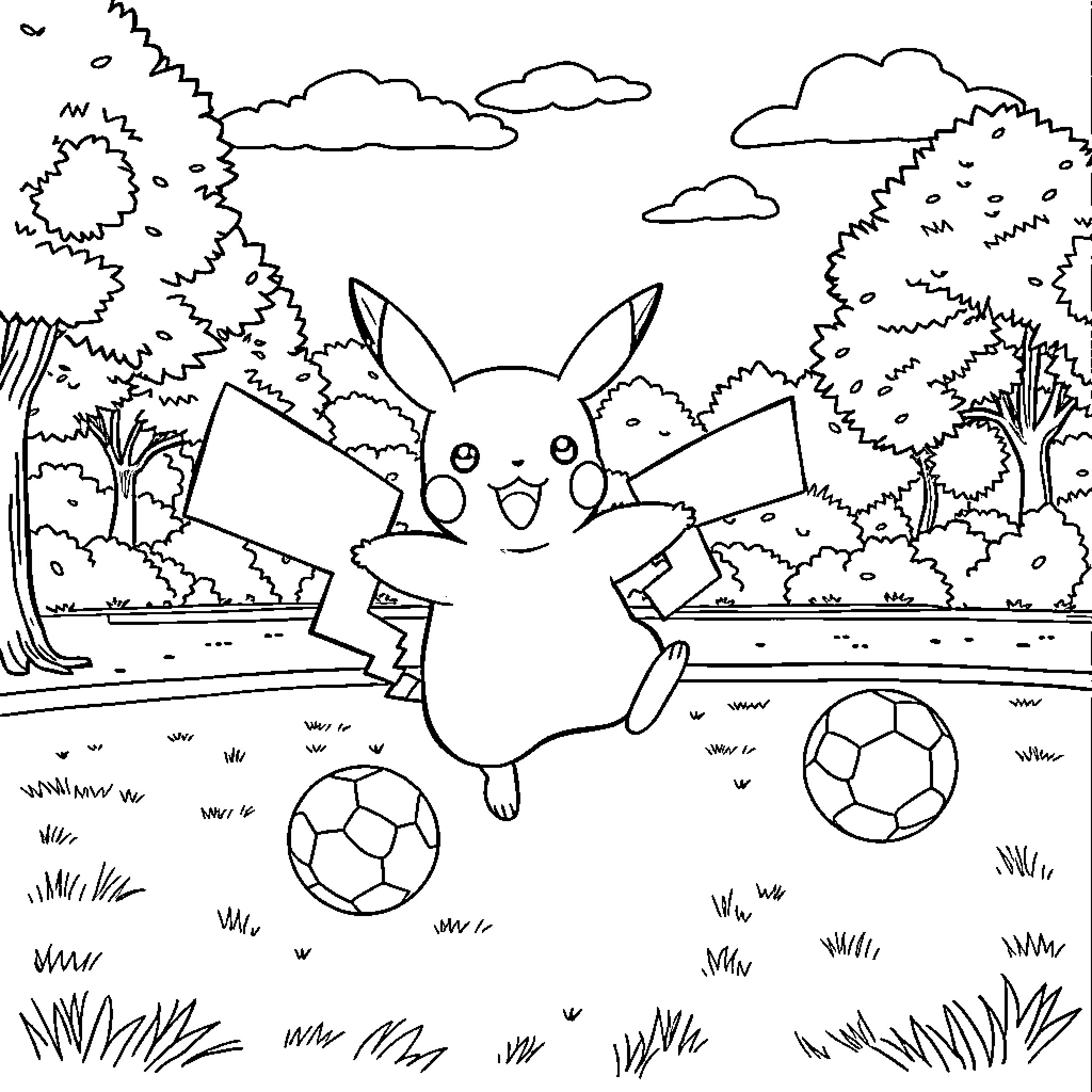 Pikachu playing with soccer balls in the park Coloring Page (free black-and-white line drawing printable PDF for all, from beginners to advanced learners, including children, teens, adults, and seniors)