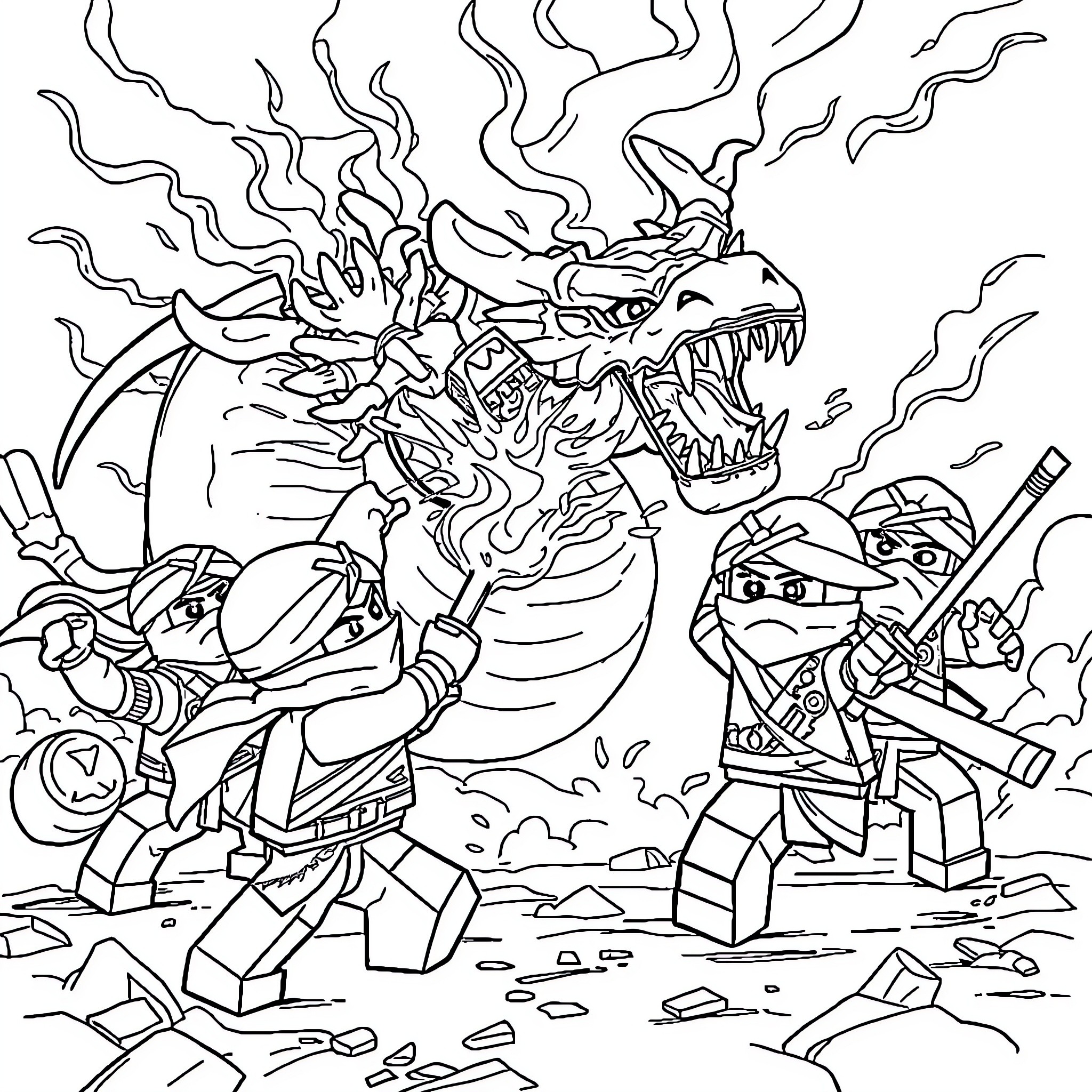 Ninjago characters battle a fierce dragon Coloring Page (free black-and-white line drawing printable PDF for all, from beginners to advanced learners, including children, teens, adults, and seniors)