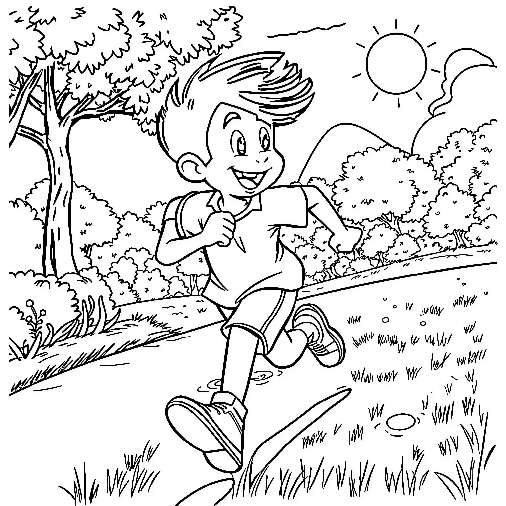 Jose jogging happily in the park Coloring Page (free black-and-white line drawing printable PDF for all, from beginners to advanced learners, including children, teens, adults, and seniors)