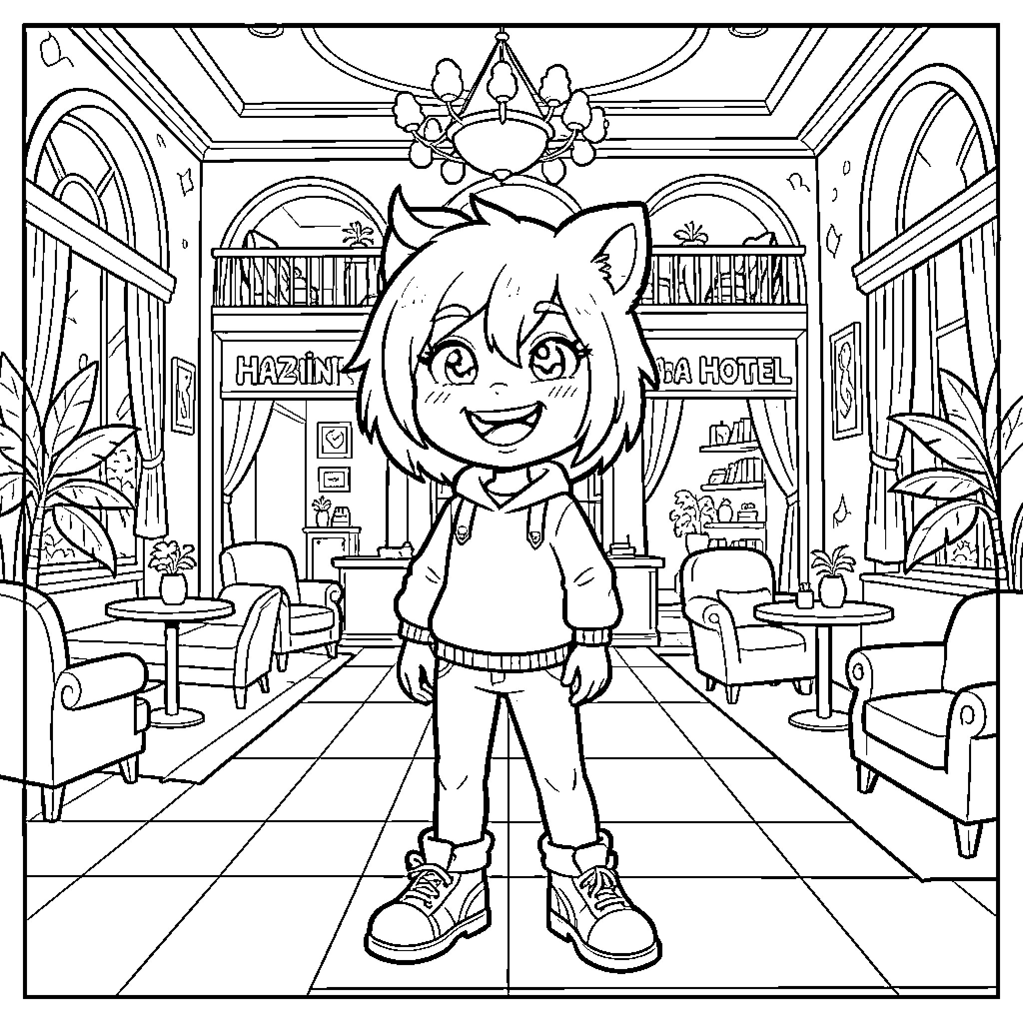 Charlie exploring a lively hotel lobby Coloring Page (free black-and-white line drawing printable PDF for all, from beginners to advanced learners, including children, teens, adults, and seniors)