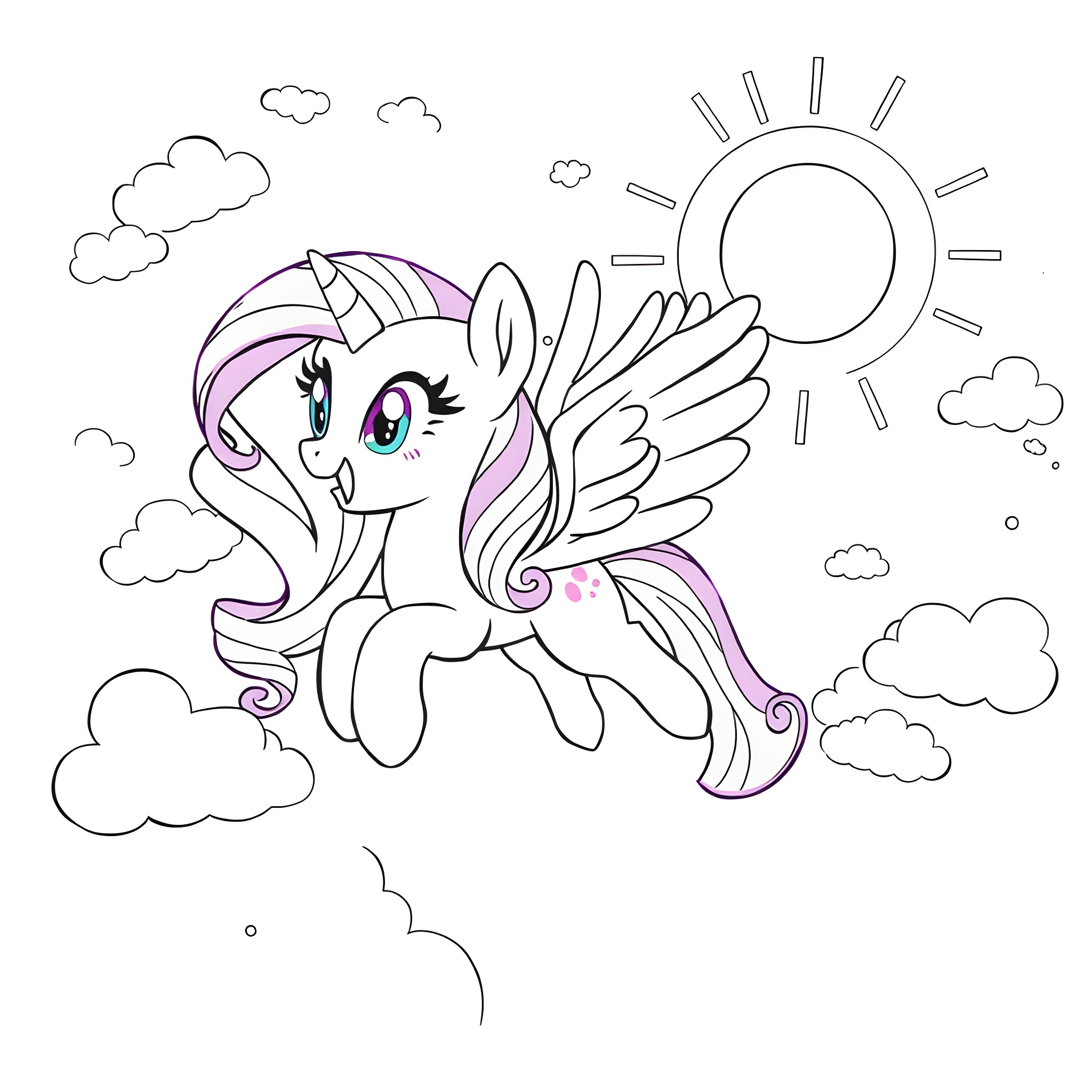 Twilight Sparkle's Winged Adventure in the Clouds Coloring Page (free black-and-white line drawing printable PDF for all, from beginners to advanced learners, including children, teens, adults, and seniors)
