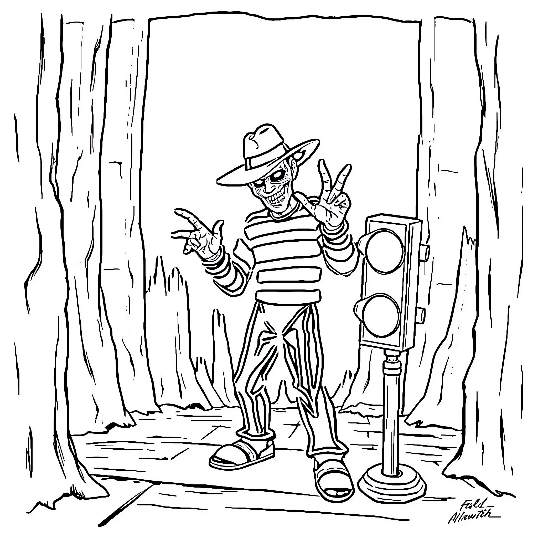 Freddy Krueger gesturing menacingly in a creepy forest setting Coloring Page (free black-and-white line drawing printable PDF for all, from beginners to advanced learners, including children, teens, adults, and seniors)